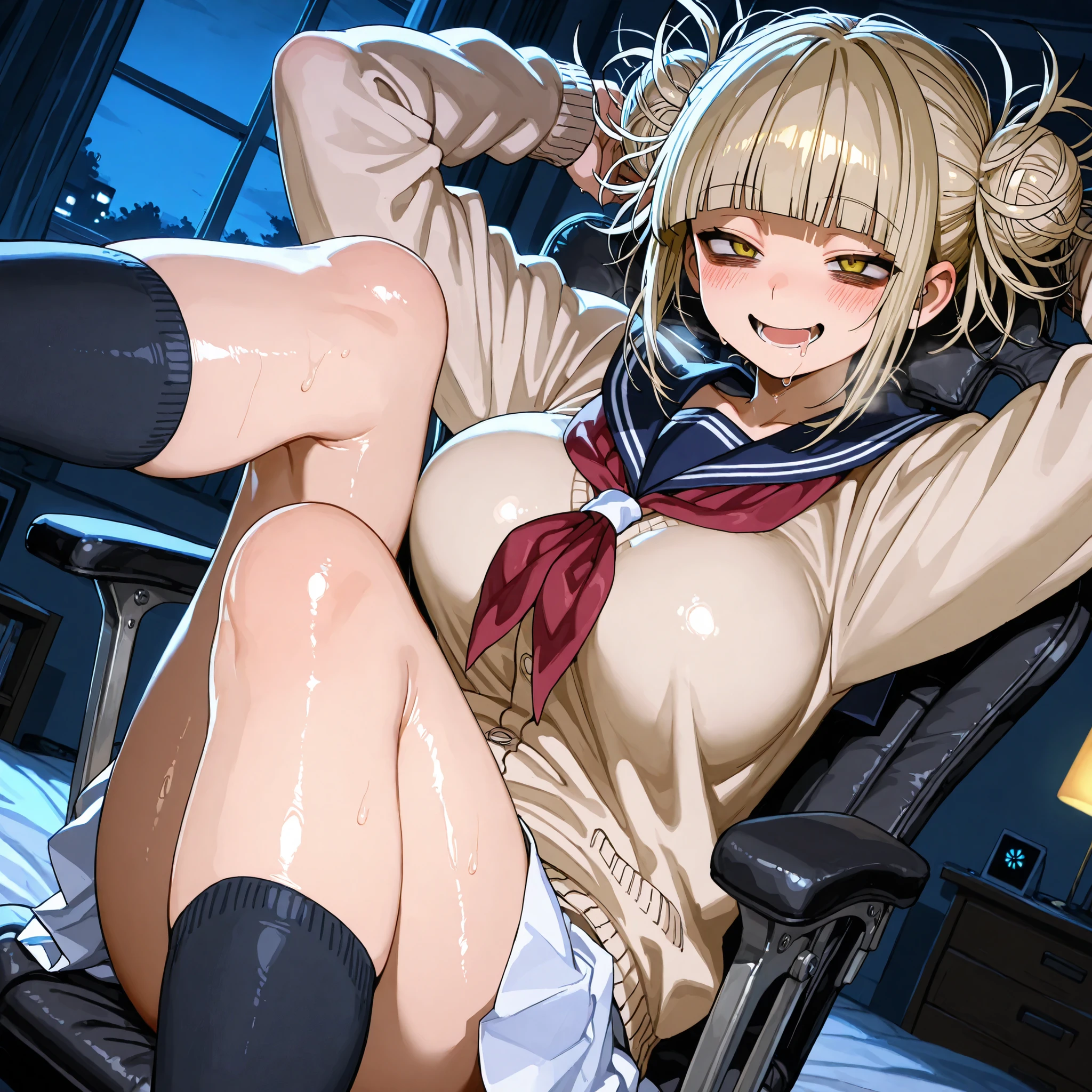 himiko toga,1girl,solo,double bun,blonde hair,hair bun,yellow eyes,messy hair, school uniform,bags under eyes,bangs,skirt,blunt bangs,smile,open mouth,saliva, cardigan,blush,socks,large breasts,white skirt,oily skin,shiny_skin,good_hands,sit,,cowboy shot,, BREAK indoors, bedroom, messy bedroom, windows,night light, Pov Bondage Chair legs up,arms up,dutch angle, ,))) bellow view