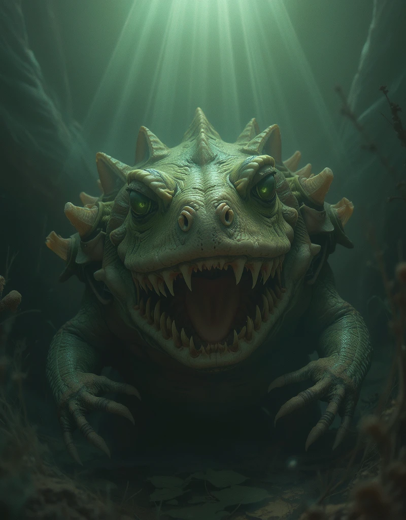 a huge monster with glowing eyes emerging from a swampy lake surrounded by reeds, highly detailed, hyper realistic, 4k, cinematic lighting, photorealistic, dramatic, moody, muted colors, eerie atmosphere, intricate details, volumetric lighting, realistic water effects, intricate texture, incredible depth of field, award winning, masterpiece
