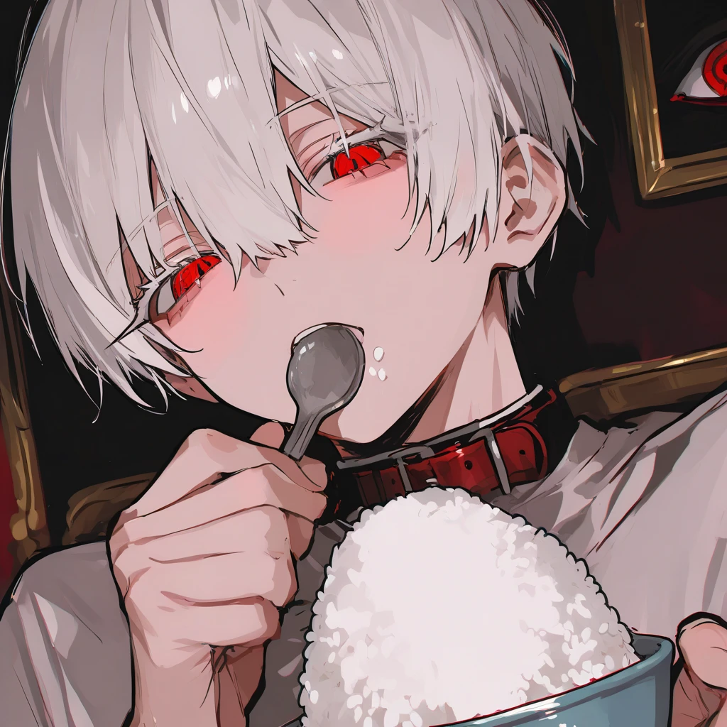   score   _9,    score   _8_Up,    score   _7_Up,    score   _6_Up,    score   _5_Up,    score   _4_Up, Cool 1boy, ((Dusk white)),   White hair, short hair, short hair, red eyes, evil eye, long eyelashes, Adult,as the viewer,Dining room, 結實的肌肉 ,Stronger muscles eating rice ,tilt head,   