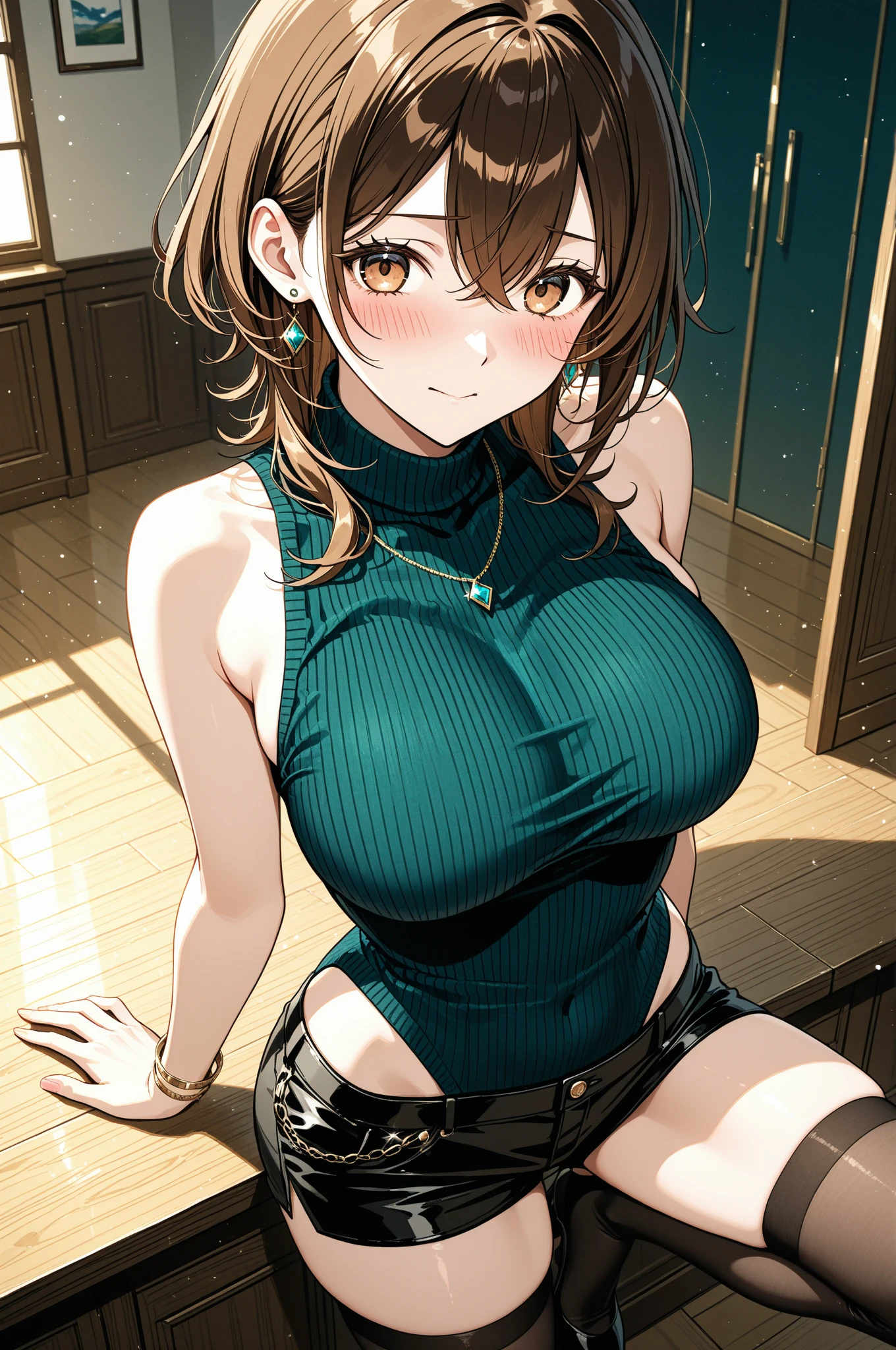 score_9, score_8_up, score_7_up,,BREAK source_anime, from front,front view,standing,,medium shot,looking_at_viewer,1girl, selphie tilmitt, final fantasy, solo, short hair, brown hair, green eyes, necklace, yellow dress, zipper, wristband, , smile,, ((unzipping)),(cleavage),selfie, indoors, bedroom, (best quality),(aesthetic,very aesthetic),masterpiece,(ultra-detailed:1) (illustration:0.5), (ray tracing,:0.8),(anime colored:0.7),(ai-generated:0.5)