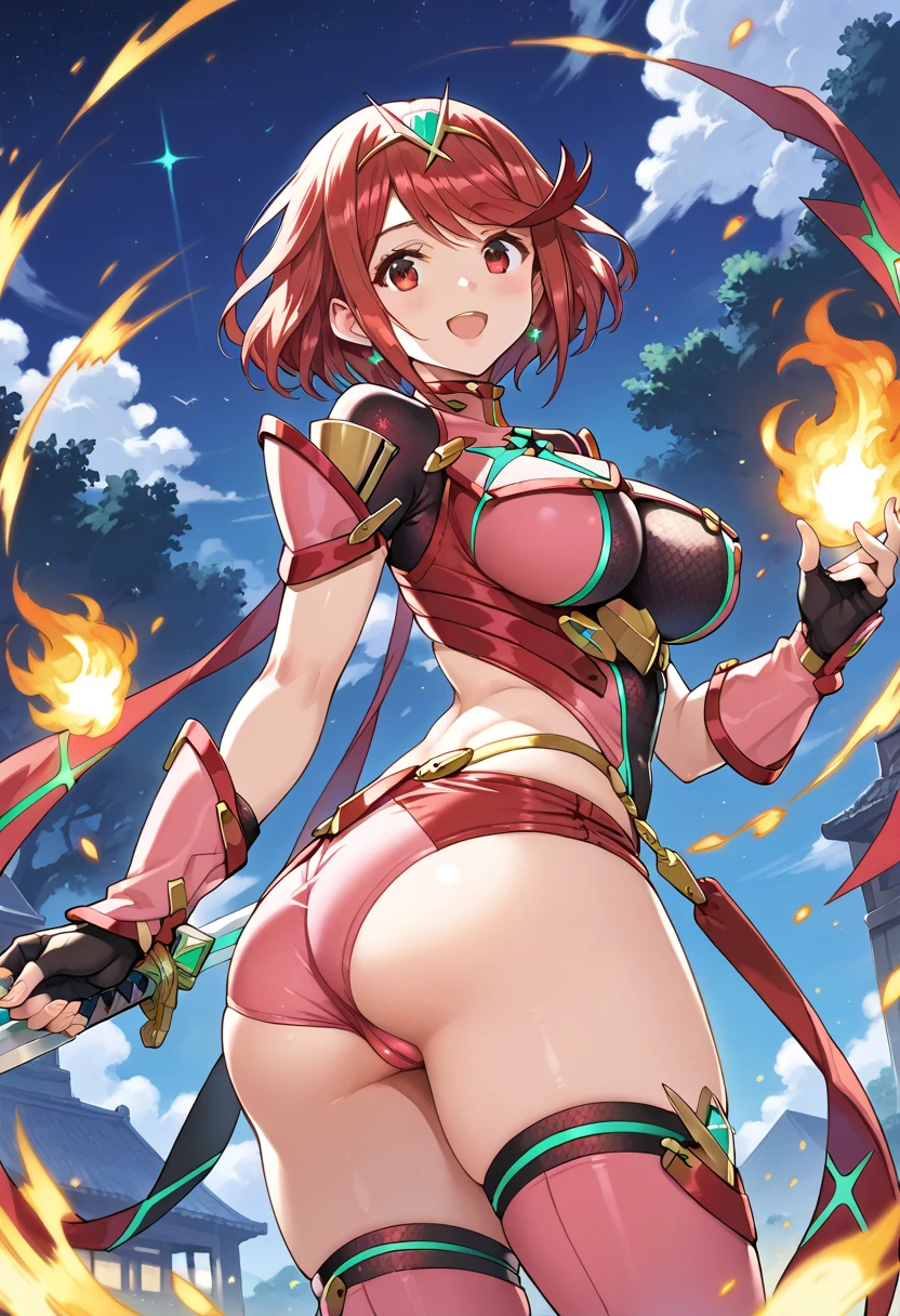 pyra \(xenoblade\), teen_1girl, loli, bangs, black gloves, breasts, red eyes, shout, earrings, eyelashes, fingerless gloves, floating hair, , gem, gloves, hair ornament, headpiece, jewelry, gigantic_breasts, leaning back, swimsuit, neon trim, official art, pose, red hair, saitou masatsugu, short hair, sidelocks, skin tight, solo, swept bangs, thighhighs, tiara, fantasy_town_background, underbust, xenoblade chronicles \(series\), (xenoblade chronicles 2), (spread_legs:1.1), fire_effect,dynamic_pose,fighting,light_smile, (plump:1.1), big_ass,huge_sword, hold_large_sword_hilt, covered_nipples, covered_pussy, fists,ponytail,beautiful_fingers,(solo:1.1), bare_shoulder,(shoulder_naked:1.2), nipple_jewel,back, back_view, focus_ass,ass, very_short_shorts
