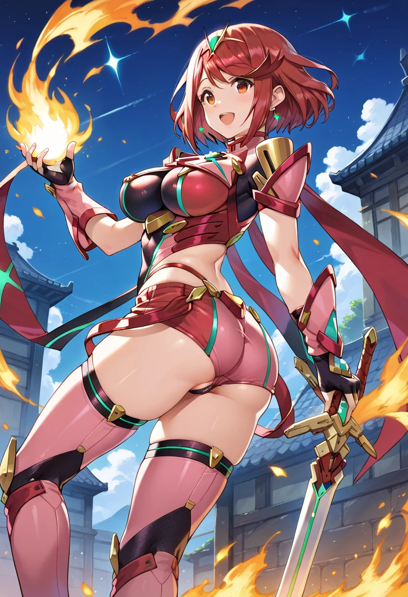 pyra \(xenoblade\), teen_1girl, loli, armor, bangs, black gloves, breasts, red eyes, light_open_mouth, earrings, eyelashes, fingerless gloves, floating hair, framed breasts, gem, gloves, hair ornament, headpiece, jewelry, big_breasts, leaning back, leotard, neon trim, official art, pose, red hair, red shorts, saitou masatsugu, short hair, short shorts, short sleeves, shorts, sidelocks, skin tight, solo, standing, swept bangs, thighhighs, tiara, night_prairie_background, turtleneck, underbust, vambraces, xenoblade chronicles \(series\), (xenoblade chronicles 2), (spread_legs:1.1), fire_effect,dynamic_pose,fighting,light_smile, (plump:1.4), big_ass,huge_sword, hold_large_sword_hilt, scovered_nipples, (covered_pussy:1.2),cameltoe,back_view, fists,ponytail,plump,beautiful_fingers,(solo:1.1),