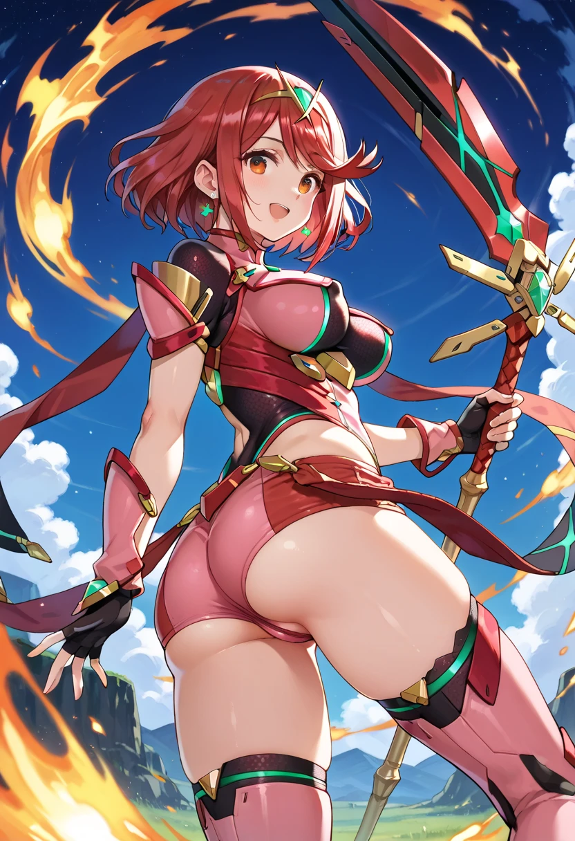 pyra \(xenoblade\), teen_1girl, , armor, bangs, black gloves, breasts, red eyes, light_open_mouth, earrings, eyelashes, fingerless gloves, floating hair, framed breasts, gem, gloves, hair ornament, headpiece, jewelry, big_breasts, leaning back, swimsuit, neon trim, official art, pose, red hair, saitou masatsugu, short hair, sidelocks, skin tight, solo, swept bangs, thighhighs, tiara, fantasy_town_background, underbust, vambraces, xenoblade chronicles \(series\), (xenoblade chronicles 2), (spread_legs:1.1), fire_effect,dynamic_pose,fighting,light_smile, (plump:0.8), big_ass,huge_sword, hold_large_sword_hilt, covered_nipples, (covered_pussy:0.8),back_view, fists,ponytail,plump,beautiful_fingers,(solo:1.1)