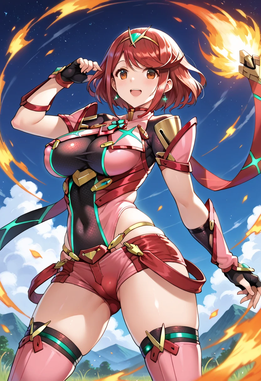 pyra \(xenoblade\), teen_1girl, loli, bangs, black gloves, breasts, red eyes, shout, earrings, eyelashes, fingerless gloves, floating hair, , gem, gloves, hair ornament, headpiece, jewelry, gigantic_breasts, leaning back, swimsuit, neon trim, official art, pose, red hair, saitou masatsugu, short hair, sidelocks, skin tight, solo, swept bangs, thighhighs, tiara, fantasy_town_background, underbust, xenoblade chronicles \(series\), (xenoblade chronicles 2), (spread_legs:1.1), fire_effect,dynamic_pose,fighting,light_smile, (plump:1.1), big_ass,huge_sword, hold_large_sword_hilt, covered_nipples, covered_pussy, fists,ponytail,beautiful_fingers,(solo:1.1), bare_shoulder,(shoulder_naked:1.2), nipple_jewel,back, back_view, focus_ass,ass, (very_short＿shorts:1.3),(lise_leg:1.4)