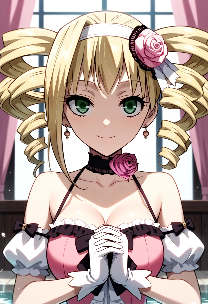 <lora:sally:1>, princessaltherine, black skirt, black thighhighs, black choker, twintails,  collarbone,   standing,  brick wall, outdoors,  upper body, looking at viewer, smile, close-up,       best quality, absurdres, masterpiece, high details, <lyco:GoodHands-beta2:1.0>