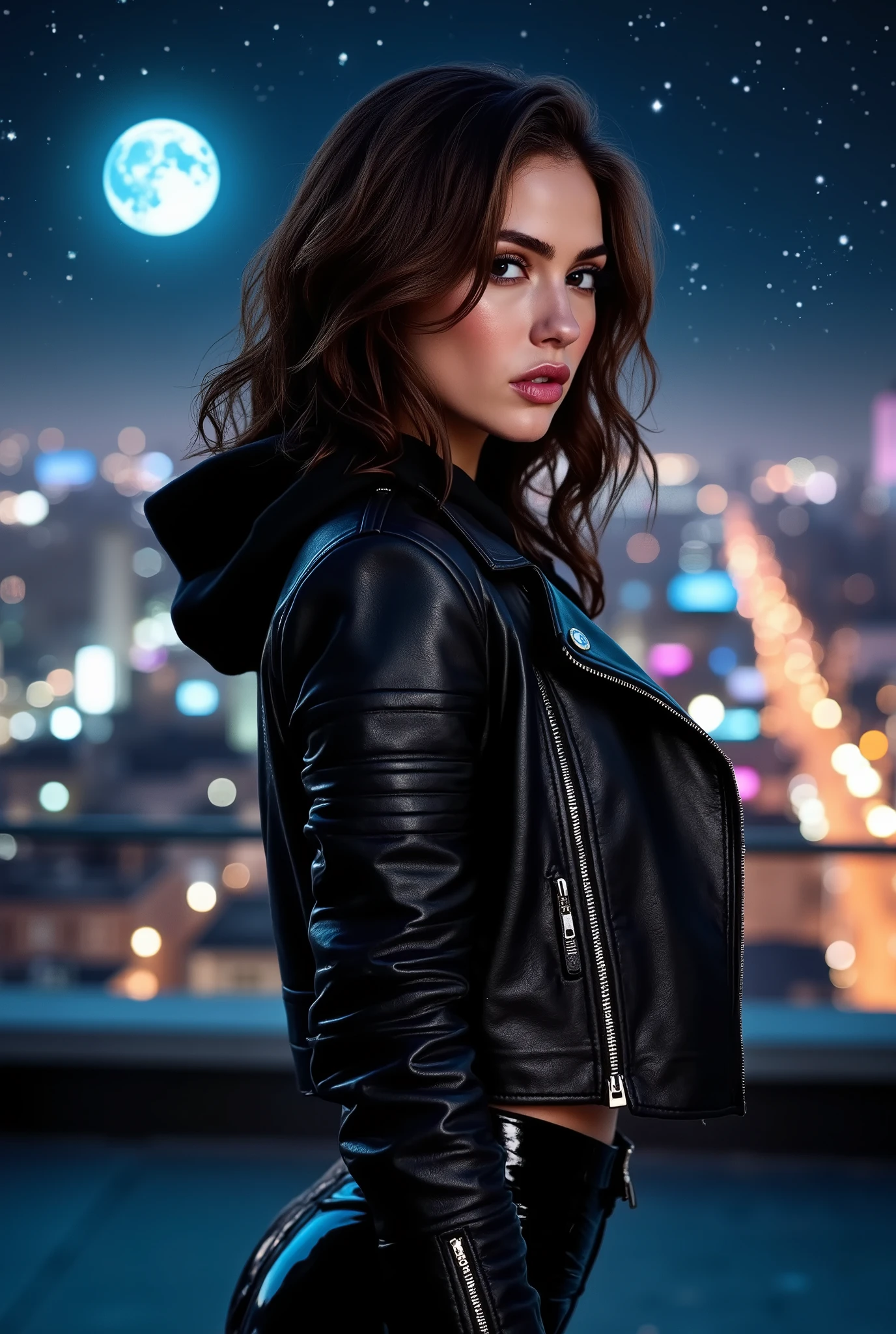 brunette woman, wearing a cropped leather moto jacket with detailed zippers worn over a Guns & Roses cropped hoodie. The jacket should look glossy and high-quality with light reflections emphasizing its texture, black pvc latex wetlook leggings, (wavy hair), light makeup, power pose, flirting with the camera, on a rooftop, city detailed scenario, city lights detailed background, night sky filled with stars and moonlight, side proflie