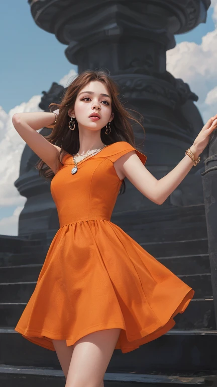 dark orange 옷을 입은 여성이 손에 꽃을 들고 있습니다.., dark orange 옷을 입고, 오간자 가운과 dark orange 볼룸 가운 착용.,dark orange clothes, dark orange 양복을 입고, Stylish Editorial Photography, official valentino editorial, translucent dress, Subtle and dreamy, Highly saturated dark pink, celestial fairy tale, very subtle, dreamy and heavenly, dark orange , Lots of merlot, official dior editorial, enlargement, smile at me, small tiara, Bardot dress, princess gown, smile