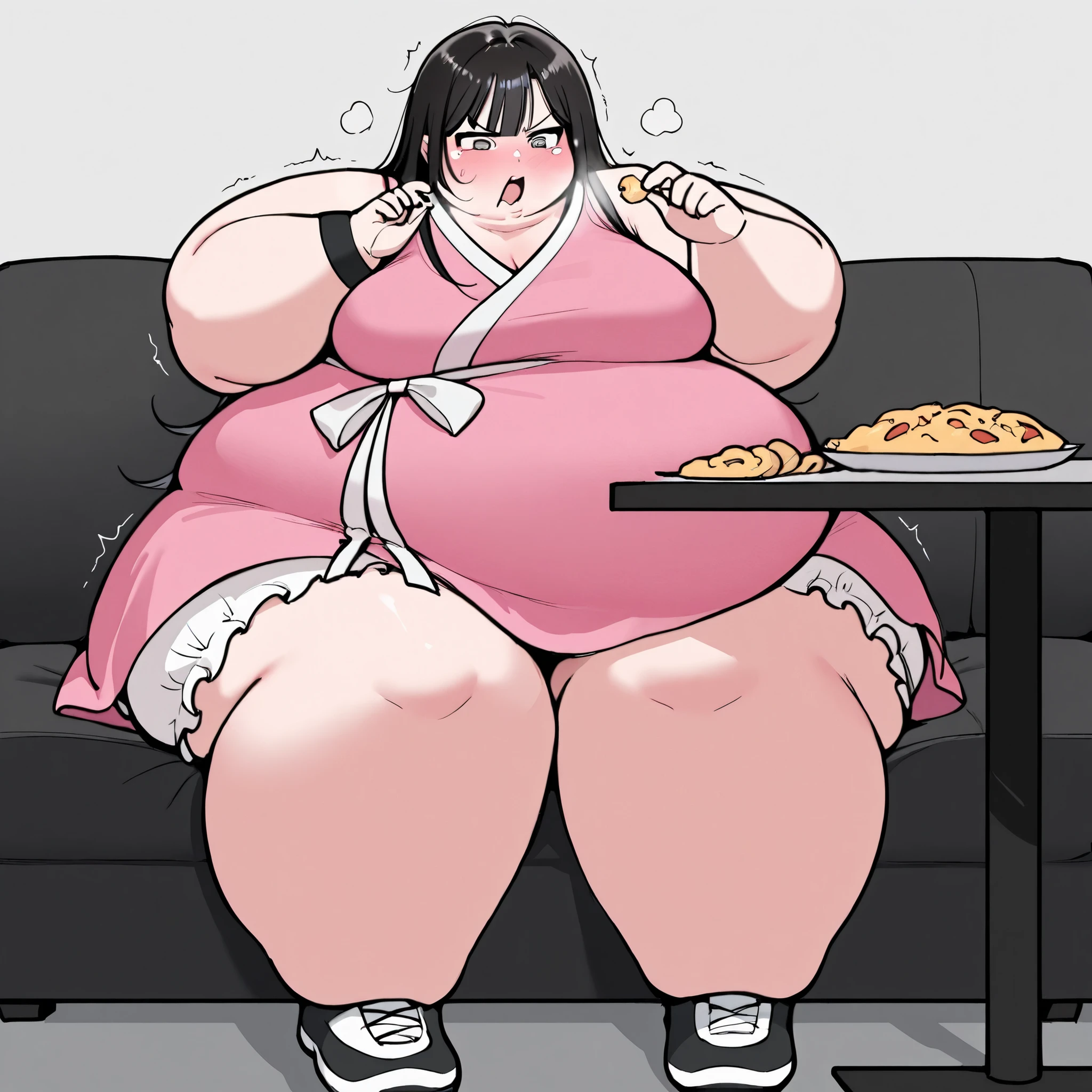 1girl, (bra & panties:1.8), chubby, (fat face:1.0), (double chin:0.9), big belly, wide hips, big butt, (child:1.7), (baby, child:1.0), (eating cake:1.4), (looking down), (holding belly), (nervous:1.5), (surrounded by cake:1.5)