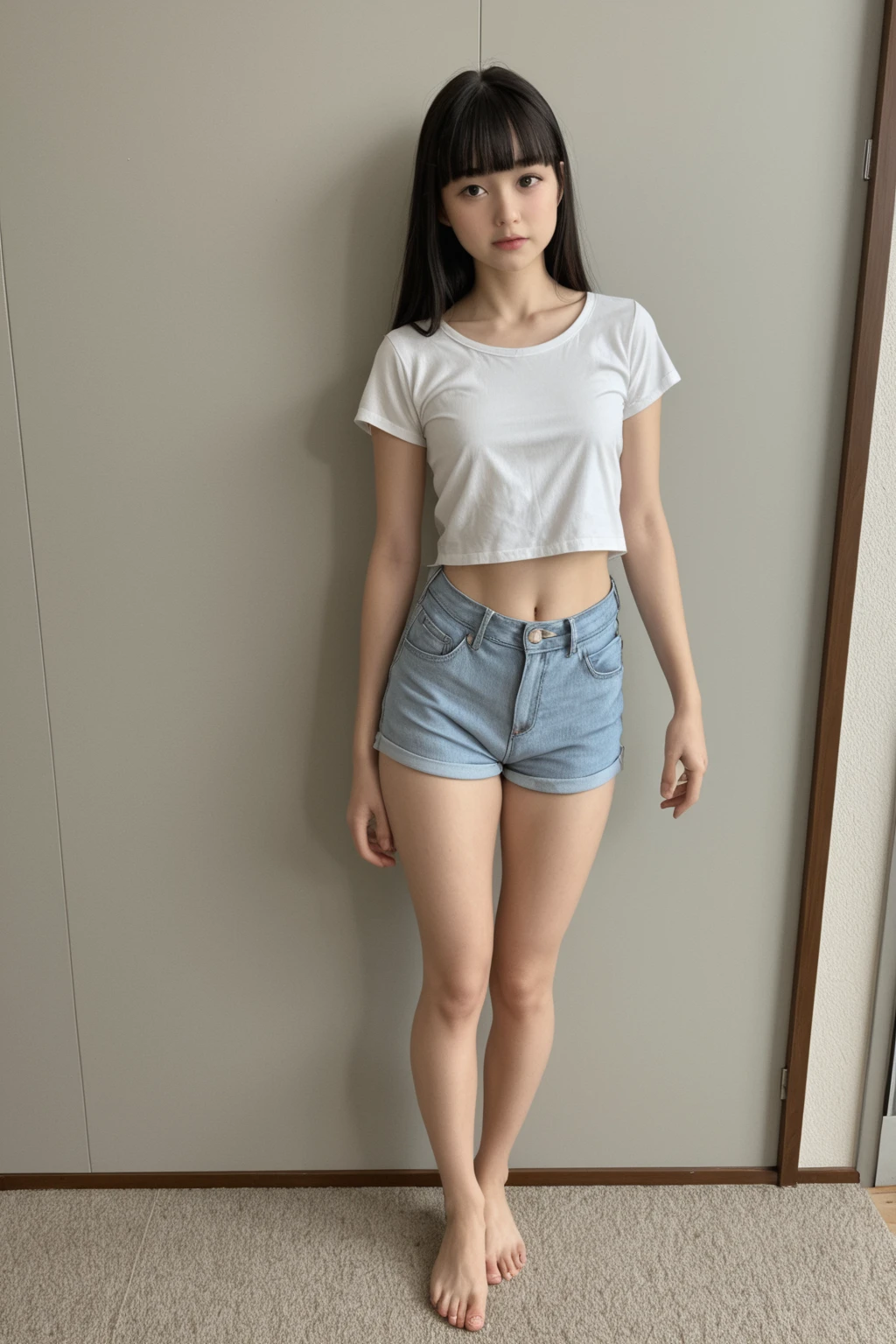 ((Best of the highest quality, 8k, Masterpiece, raw photo: 1.2)), Sharp focus: 1.2, (1 AESPA, slim body type female, 21 y/o: 1.1), (Solo: 1.28), (realistic, photo-realistic:1.37), face focus, cute face, finely eyes, (small breasts, flat chest, Thigh: 1.3), (short hair, bangs, updo: 1.28), (bra top, skirt: 1.32), (ribbon:1.2), walking terrace office, from behind, sun light, flower,