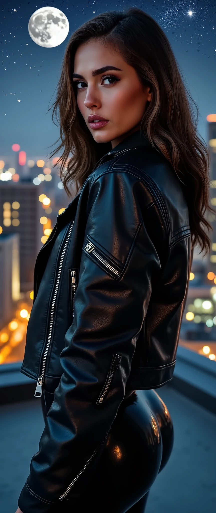 brunette woman, wearing a cropped leather moto jacket with detailed zippers worn over a Guns & Roses cropped hoodie. The jacket should look glossy and high-quality with light reflections emphasizing its texture, black pvc latex wetlook leggings, (wavy hair), light makeup, power pose, flirting with the camera, on a rooftop, city detailed scenario, city lights detailed background, night sky filled with stars and moonlight, side proflie