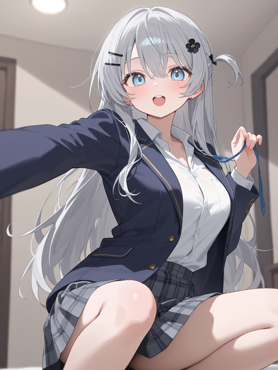 ((best quality)), ((masterpiece)), (detailed), 1girl, anime girl, white hair, 
High school students, playful tags,Classroom background, black stockings, sexy,4k quality,Vitality girl,red pupils,voluptuous legs
