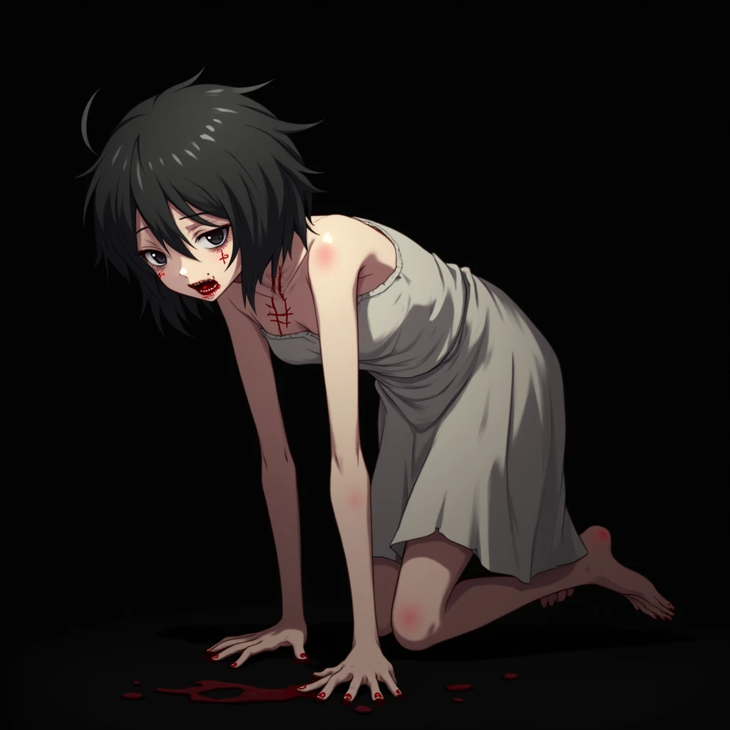 (Line art、Pencil drawing、Monochrome painting)、One Woman、Erect naked small breasted black short haired woman、Nipples、((No clothes))、Detailed depiction of genitalia、((pubic hair))、Front view、Upper Body、Watching the audience、Wriggle your body、Tilted body、Very thin body、The shadow of the ribs is visible、wilderness、