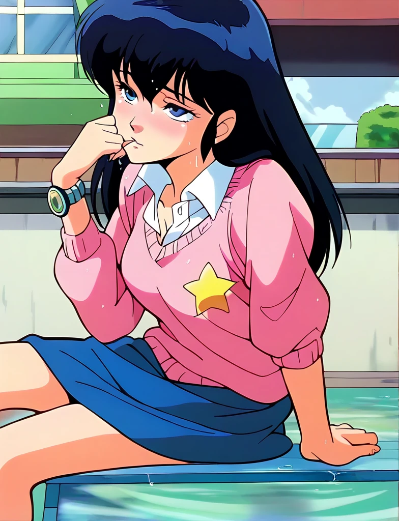 Highest quality, High resolution, 1990s \(style\), retro artstyle, 1990s anime cels style, Bedroom, kodachi kuno, Sitting with legs apart, Short-sleeved sailor suit, Brown sailor color, Brown pleated skirt, Red ribbon, Side Tail, (Dressed:1.3), Big Breasts、Cleavage、Open collar、Big thighs、White panties、Angle from below、Leaning forward and peering at me、White socks
