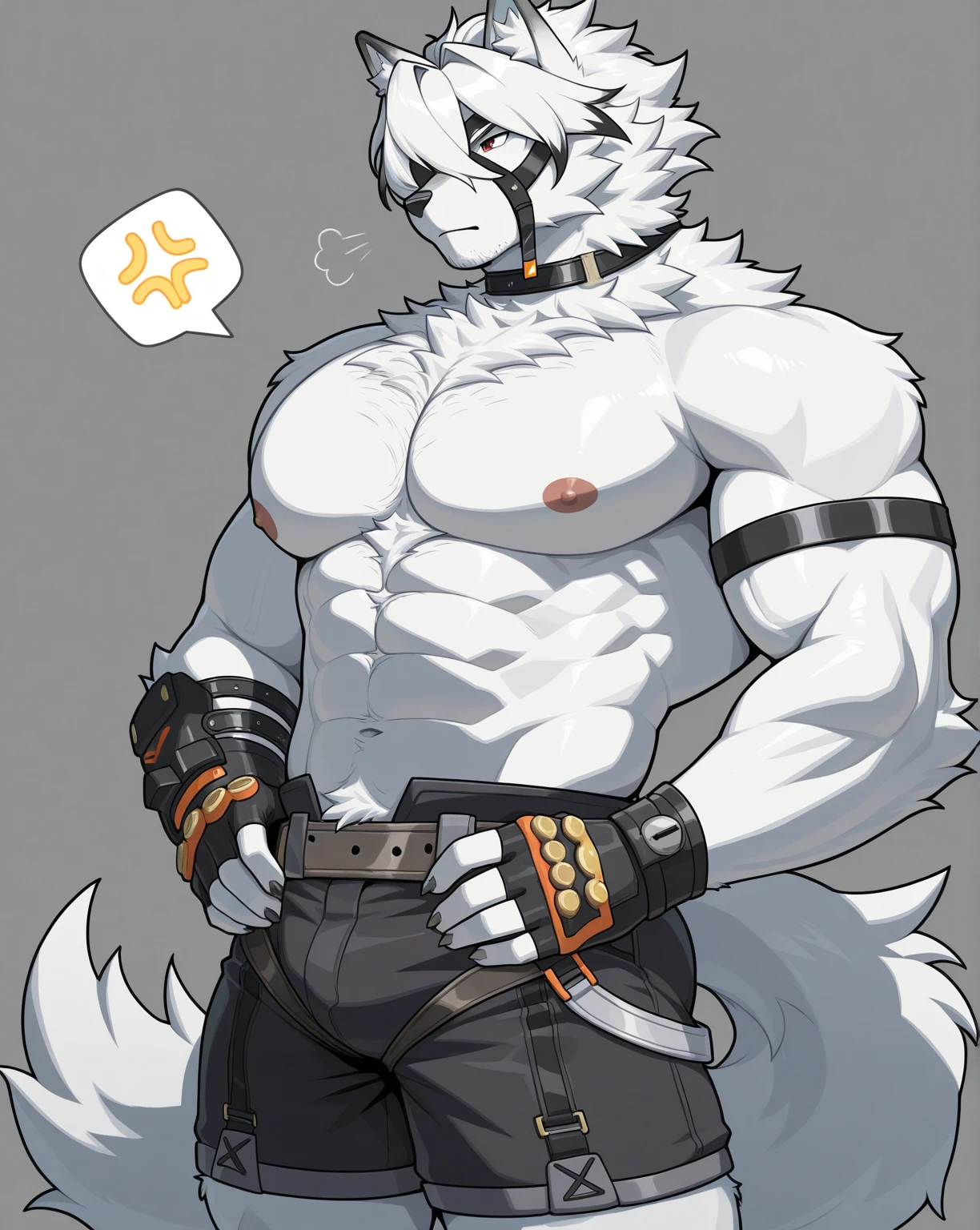 Alaskan Malamute dog black and white fur, muscular, with chest straps, furry, blue eyes , shorts negros , with dog collar and leash