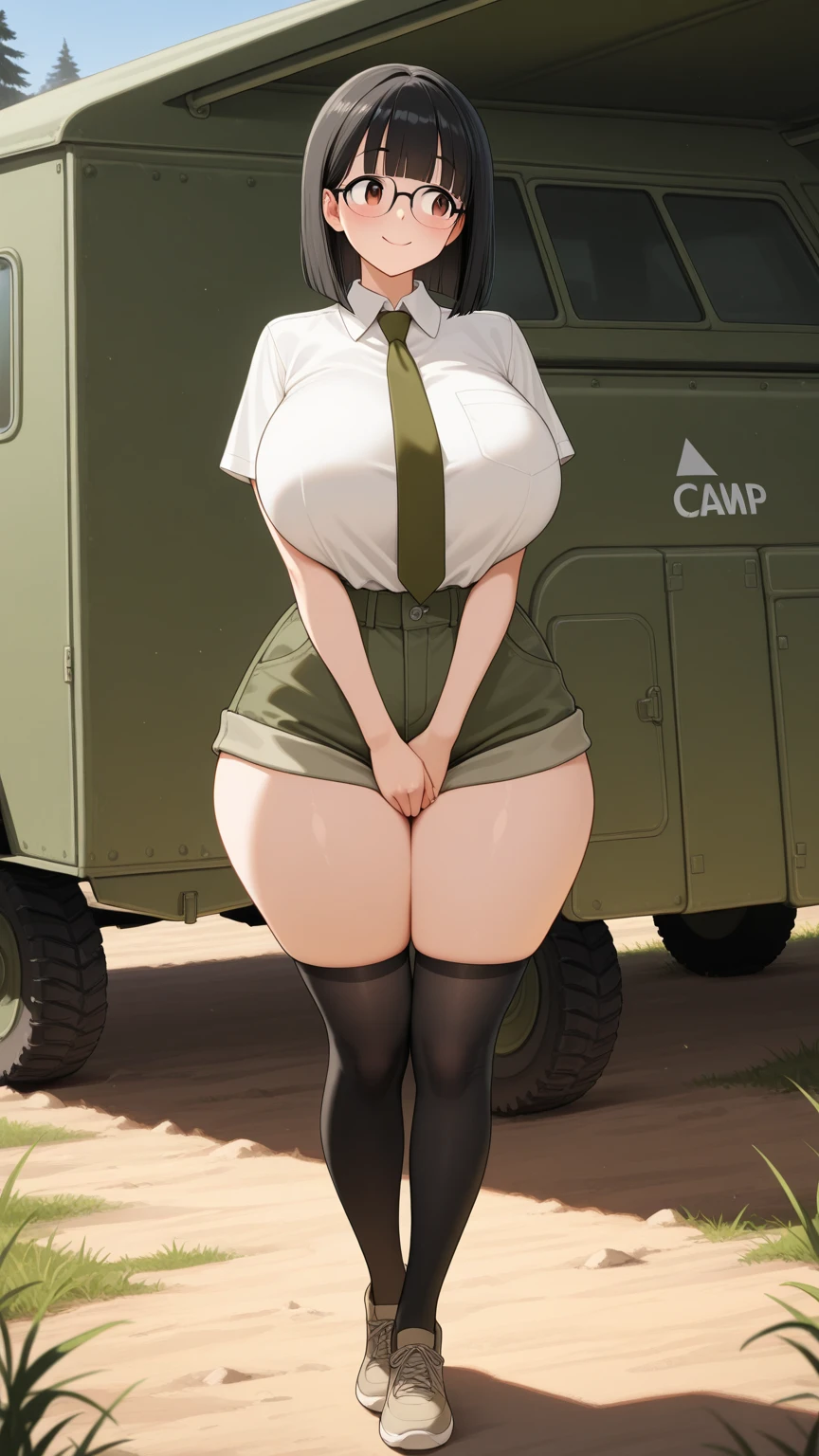 Christina Hendricks, masterpiece quality, realistic, daylight, wearing army fatigues, wearing combat boots, sweaty, on a military base, military tents in background, troops in background, jungle in background, sexy pose, huge breasts, (huge breasts:1.5), cleavage, wide hips, thicc,