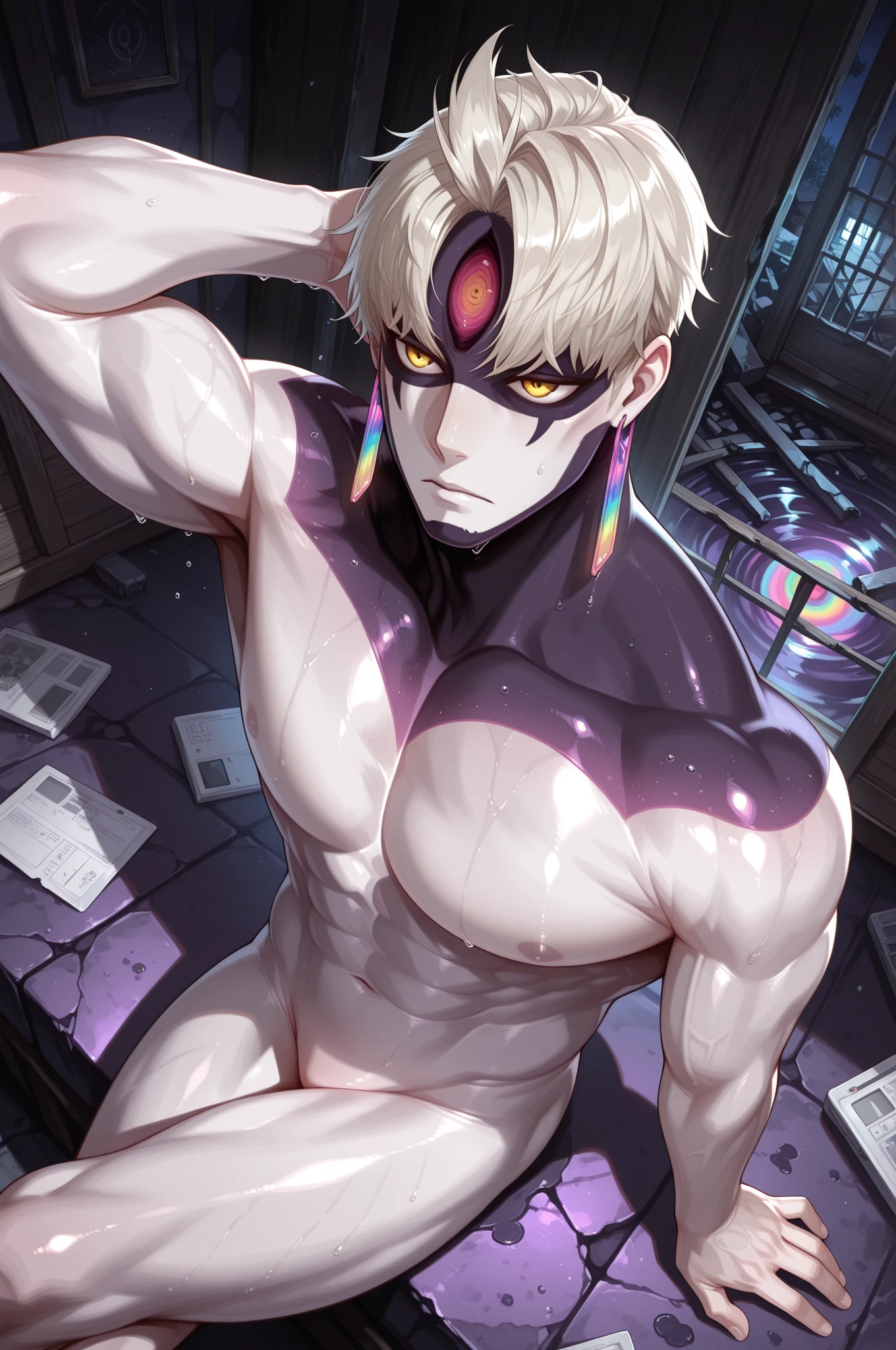 High quality，(best quality, 4k, a high resolution, masterpiece:1.2), Super detailed，（1 boy），（（（solo））），（Male juvenile）, Handsome boy, snow-white hair, Red dragon horn, （（White bodysuit））, Brown skin, （（Brown skin）），（White inch）, buzz hair,Tights with gold pattern，Single photo，purple eyes，Dim light，A small amount of muscle，Dark night city background，colorful neon，blush with shame，Mass tentacles，Locked around the neck by tentacles，struggling suffocatingly，Bare teen nipples，嘴里含着一根The penis，Japanese tentacle intercourse，Plenty of milk，covered in sweat，The body is covered with semen，The penis，testis，Teenager&#39;s chest muscles