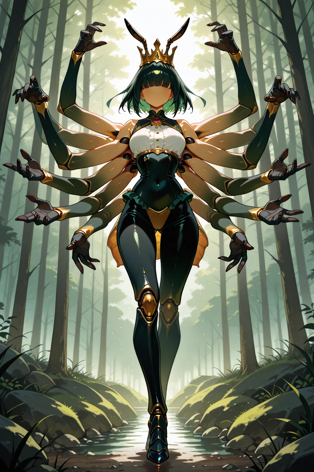masterpiece,best quality,1girl,right hand in waist,azur lane al azuma,\(herrscher of finality\),solo,full body,black hair with dark green shades,full body, full body black wetsuit,+ +,tight black collant,(((big breasts))),closed mouth,((serious expression)),bronze high heels, (((holding a great black halderd))), three floating black skulls engulfed in green fire, anime character sheet