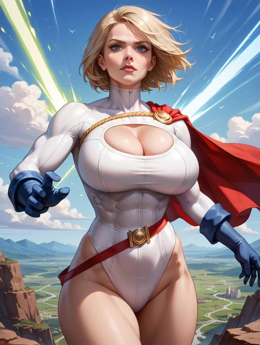 A blonde woman with short hair and blue eyes wearing a white costume with a red cape and blue gloves with the S symbol on her chest,Very detailed, alta qualidade,modern comic style