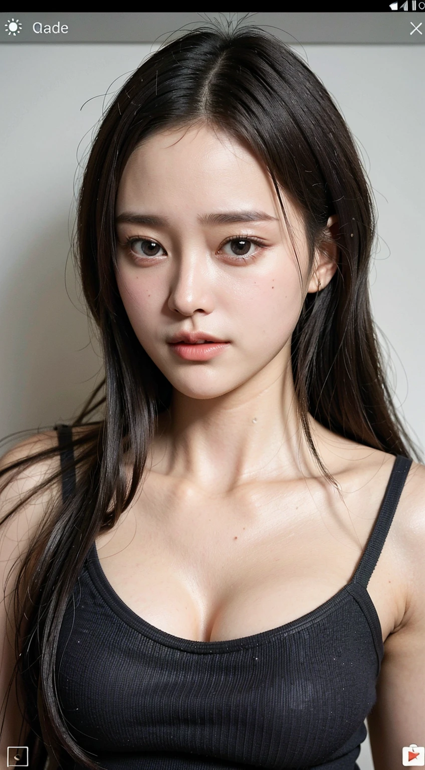 (masterpiece:1.3), (8k, Realistic, RAW Photos, Best image quality: 1.4), (Random Hairstyles:1.2)、(Highly detailed face)、Attention to detail、double eyelid、(Dark Eyes),(Sharp focus:1.2)、((whole body:1.5)),One Woman、Beautiful woman:1. 4,20-year-old woman、smile,Woman with a perfect body,Beautiful Abs,Chest-length hair、Highest quality、masterpiece、Ultra-high resolution、(Realistic:1.4)、super high quality、Symmetrical face、The face is very realistic、Photo level、8k最高画質はフル、Sebaceous reflex、The face is very realistic、Extremely realistic skin、Realistic light and shadow effects、(Pure and elegant girl),Professional Lighting、((Swayback stance)),Beautiful thighs,(Sexy pose,Seductive pose),See-through camisole,see-through camisole,Butt,Recurve your hips back,Bend your waist