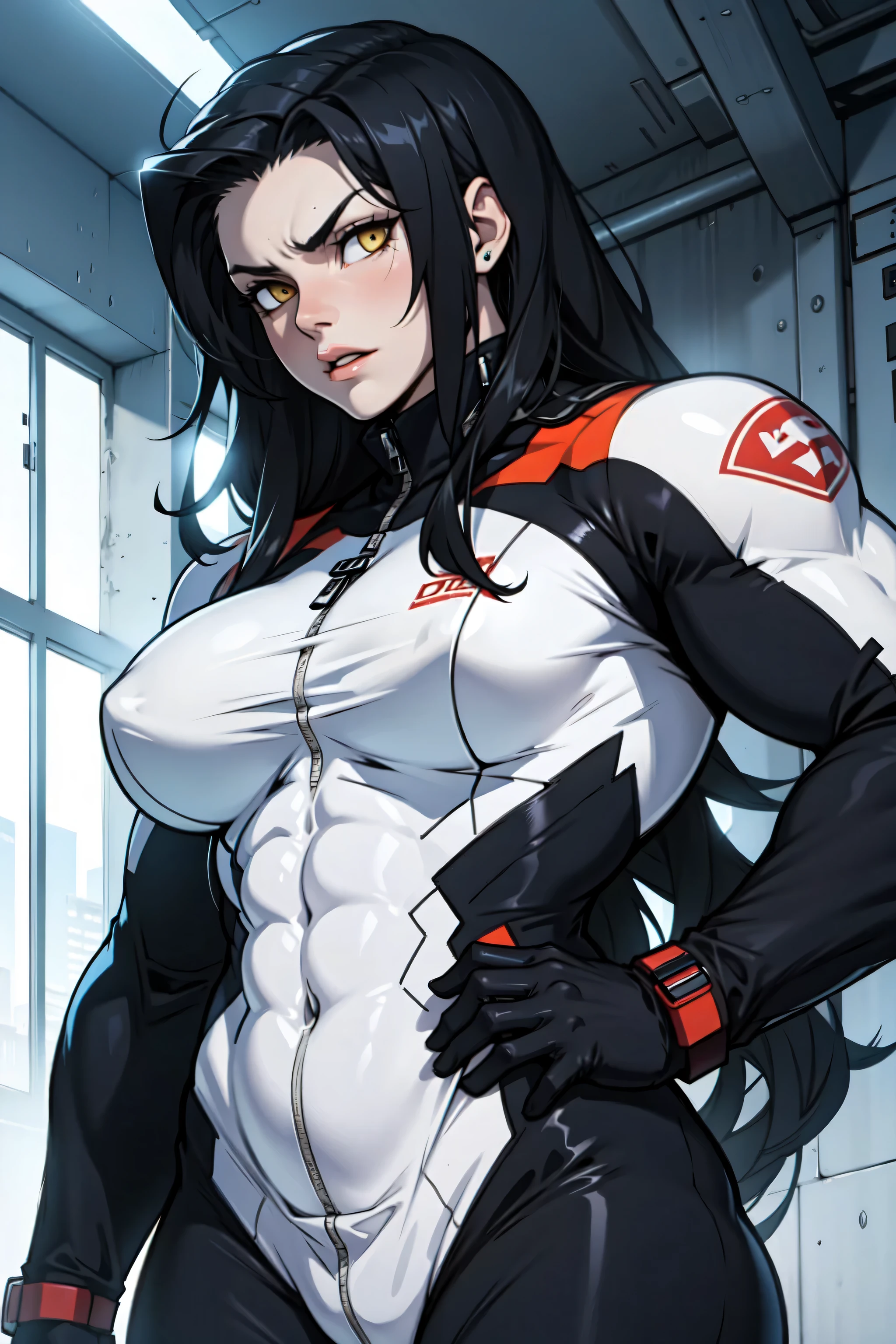 ((((girl muscular thick)))) pale skin black hair yellow eyes huge breasts body suit toned body embarrassed blush long hair