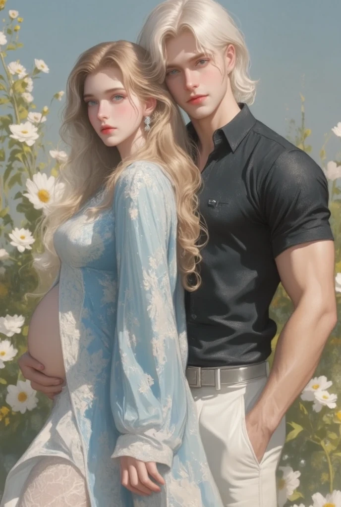 An incredibly beautiful pregnant young femme fatale-blonde, blue-eyed, in homemade orange pajamas, she has long golden hair gathered with a scarlet ribbon, she hugs a tall, statuesque, courageous adult man-platinum blonde, he has long platinum hair, tanned skin, blue eyes, long bangs. He is wearing jeans and a shirt. Romantic, love. full-length image.