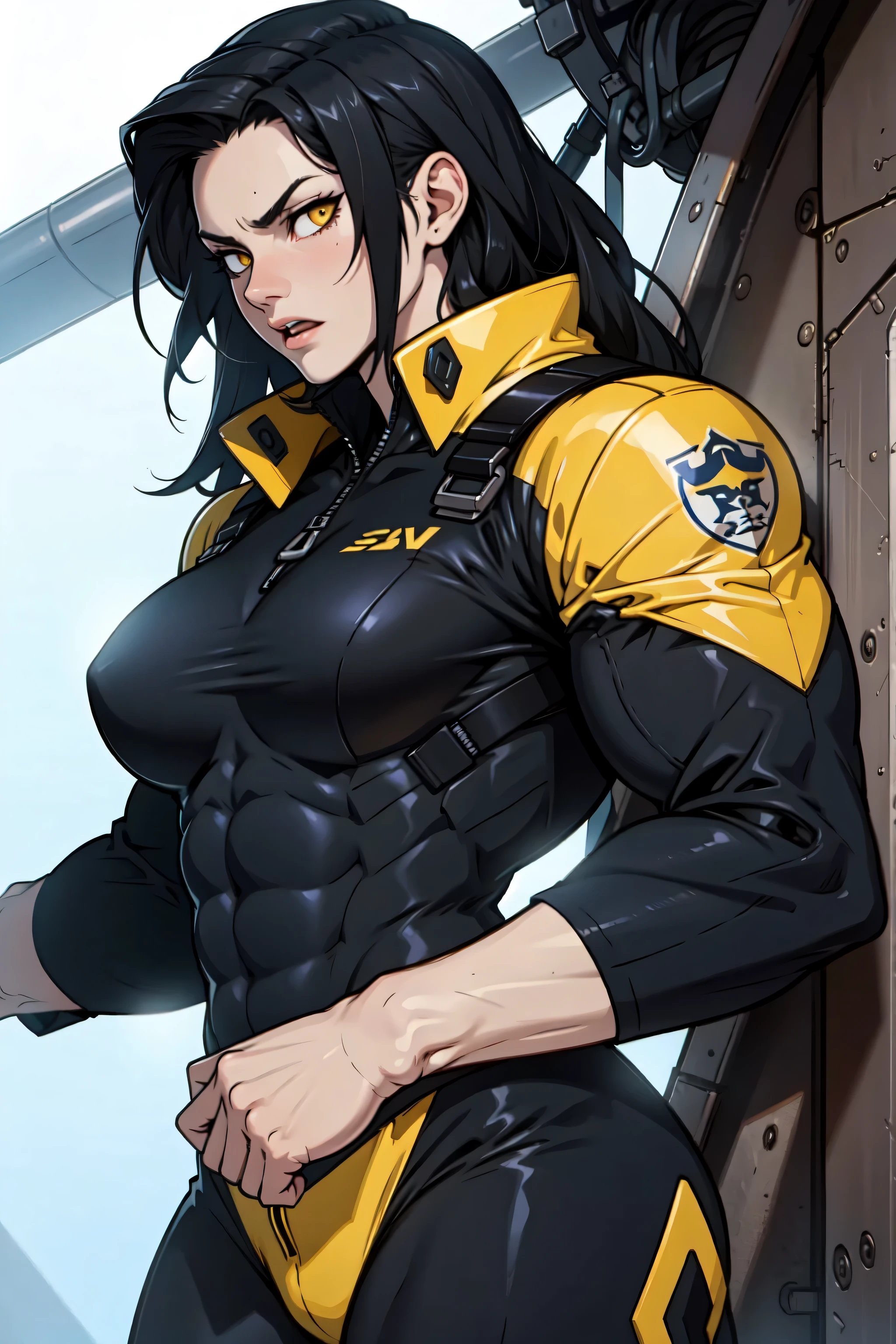 black hair, yellow eyes, solo, sweaty, shiny skin, angry, pale skin, ((((((muscular, 1girl)))))), curvy, thin waist, very long hair, cowboy shot, sweaty, perky breasts, pilot suit, torn clothes