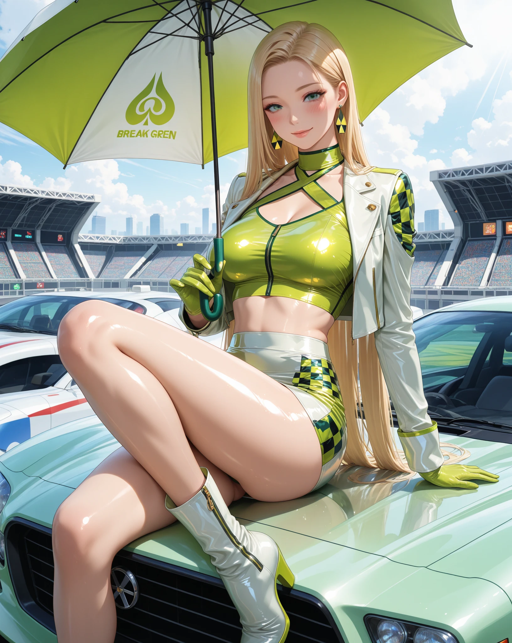 (​masterpiece), (top-quality), sunset, natural lights, ,(realistic:1.5), Natalie Dormer as a race queen, grid girl, long blonde hair flowing in the wind, tanned, tattoos, wearing a race queen outfit, cleavage, short skirt, sexy, sensual, dark green eyes, smiling, sexy pose, athletic, looking at viewer, eye contact, stunningly beautiful 20 years old race queen, racing track, sports car, dynamic pose, action pose, detailed racing track in background, alluring, seductive_pose, natural lights, cleavage, athletic body, medium breasts, upper body, mid shot, masterpiece, detailed, mature, bright colors, high saturation, stunningly beautiful girl, dark green eyes, blonde hair, precise hands, moaning, happy, smle, seductive, Clear eyes, Shining eyes,, ultra-definition, Top resolution,  soft lightning