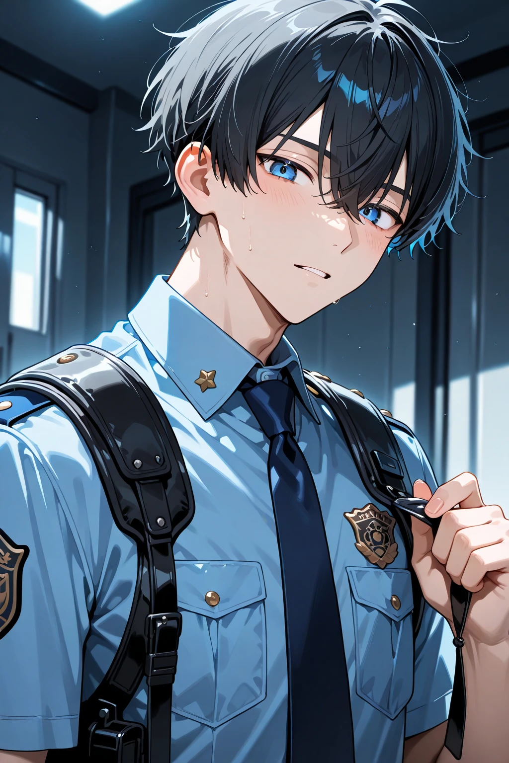 AxiaKrone, blue eyes, black hair, 1boy, solo, smile, standing, dynamic pose, 8k, masterpiece, best quality, absurdres, perfect anatomy, cinematic lighting, cowboy shot, (police uniform:1.3), pants,