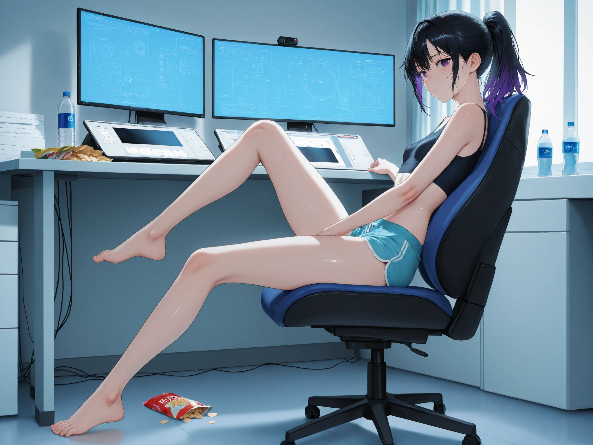 {Shanola Hampton, (Naked woman with large glasses, wearing headphones, sitting on a Gamer chair with her legs open masturbating)} busted breasts, large and symmetrical breasts, shows the whole body, smooth and soft skin, big eyes and dreamy, beautiful hair Intricate, symmetrical, wide anime eyes, soft lighting, detailed face, by Makoto Shinkai, Stanley Artgerm Lau, Wlop, Rossdraws,, concept art, digital painting, looking at a computer screen, full body.