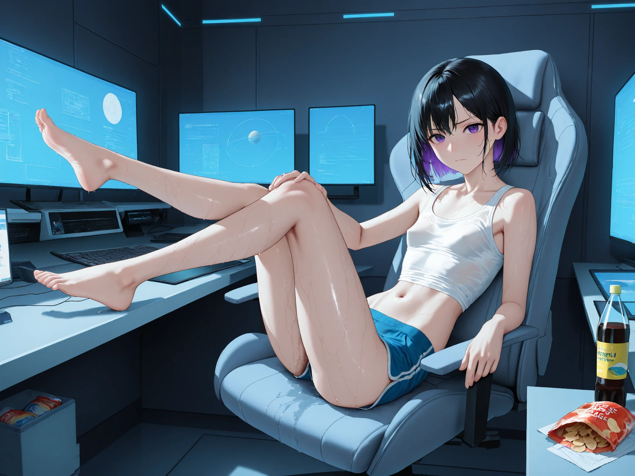 (ultra realistic, girl, short black hair, headphones, sitting, slumped in an armchair, in a futuristic cabin, surrounded by monitors, and olographic screens , view from above, blue lights, flat chest, pre-adolescent. She looks with disgust, mini-skirt, visible panties. open legs