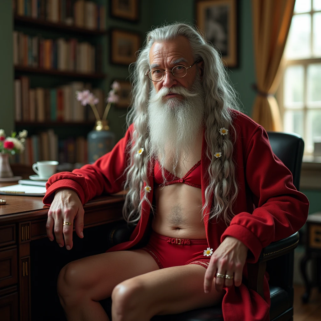 White man with curly hair, tight boxer shorts, pink body with a Greek structure, but no body hair ,like a black wizard's hat on his head, grandson on a golden throne with two men in their underwear next to him
