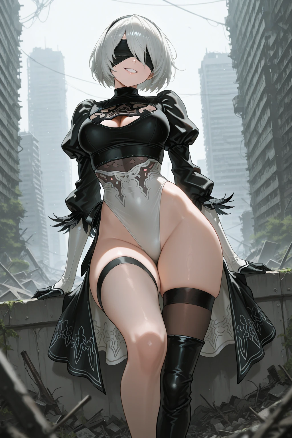 2b, 2b, black hairband, shairband, Short hair, White hair,Blake Black Skirt, black thighhighs, long boots, cleavage cutout, Clothes Cutout, shairband, high-heels, Long sleeves, droid, side slits, Skirt, Thigh boots, thighs thighs thighs thighs,BREAK looking at viewer, Full body,BREAK outdoors,BREAK (masutepiece:1.2), Best Quality, High resolution, Unity 8k壁纸, (Illustration:0.8), (Beautiful detailed eyes:1.6), extra detailed face, Perfect Lighting, extremely details CG, (Perfect hands, Perfect ???????),、(Skirt lift:1.3), (White panty:1.3)、(Skirt that rolls up:1.3)、(Fully exposed panties:1.5)