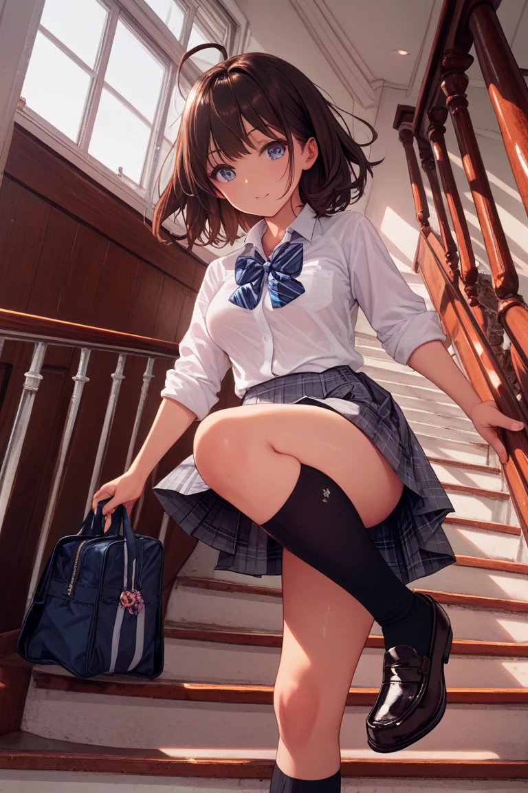 ((masutepiece, Best Quality, hight resolution, nffsw, Perfect Pixel, 4K, nffsw, nffsw))), 1girl in, Single, Solo, Beautie、full body seen、 ((Short Wave Hair, Bangs, Brown hair)), ((Brown-eyed, Beautiful eyelashes, Realistic eyes)), ((Detailed face, Blushing:1.2)), ((Smooth texture:0.75, Realistic texture:0.65, Photorealistic:1.1, Anime CG style)), medium breasts, Dynamic Angle, Perfect body, ((red bowtie, School uniform, , White shirt, Black skirt, plaid skirts))、train station stairs、Windy、Very embarrassing panic smile、facing back、I can see her ass sticking out in front of me....、Looking up from the bottom of the stairs、 (The wind pulled up my skirt、Touch the skirt with both hands、、You can see all the buttocks、White floral panties)、