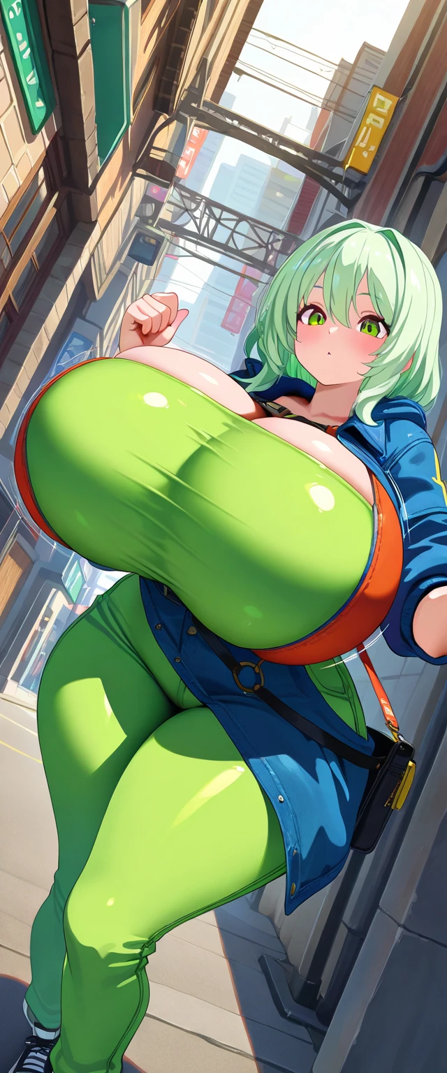 ((((ANIME STYLE)))), Jolyne cujoh, 1girl, (((bimbo))), long hair, puffy lips, painted green lips, thick lips, wide hips, thick thighs, enormous round breast, huge ass, oily shiny skin, enormous huge natural breasts, natural breasts, posing, SFW, ((enourmus wide hips)),((((blue top)))),jeans, jacket, smiling