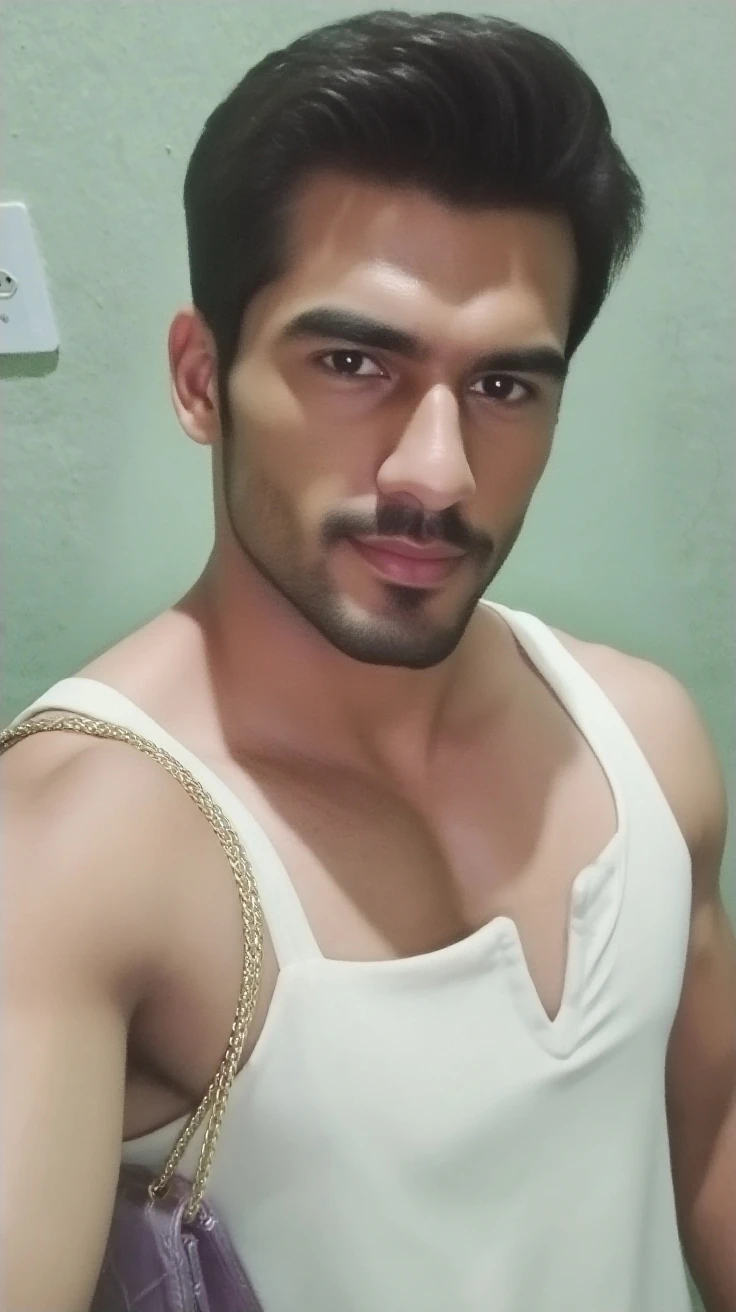 Lebanese man, ugly, short messy black hair with white strands, facial hair, lazy, 50 years old, large nose, body view, innocent face , bedroom, round stomach  thick hairy body, lace bra, earrings