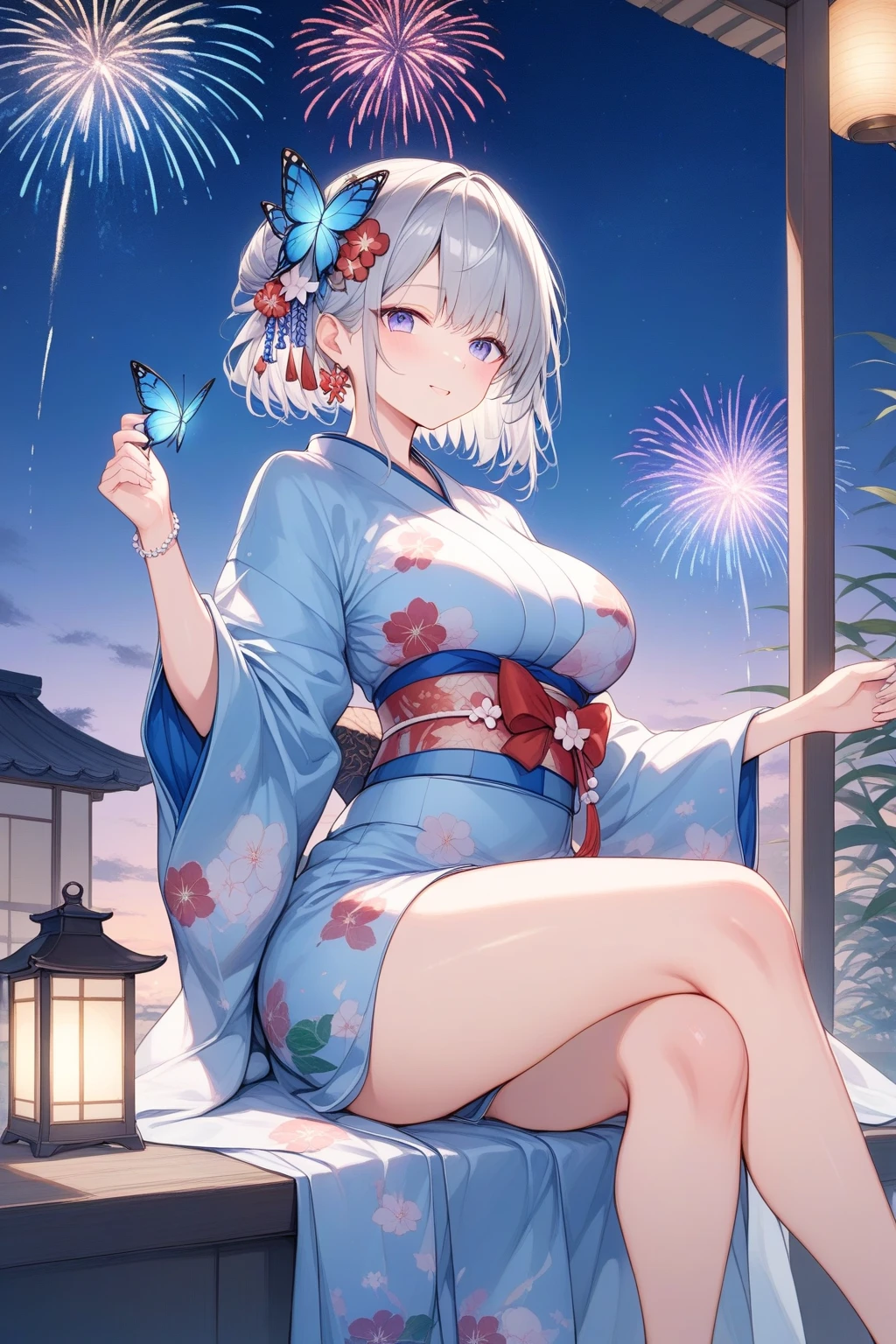 masterpiece, high resolution, high quality, NSFW, white yukata, fireworks, festival, big breasts, cat ears, floral pattern, yellow eyes, gray hair, twin tails