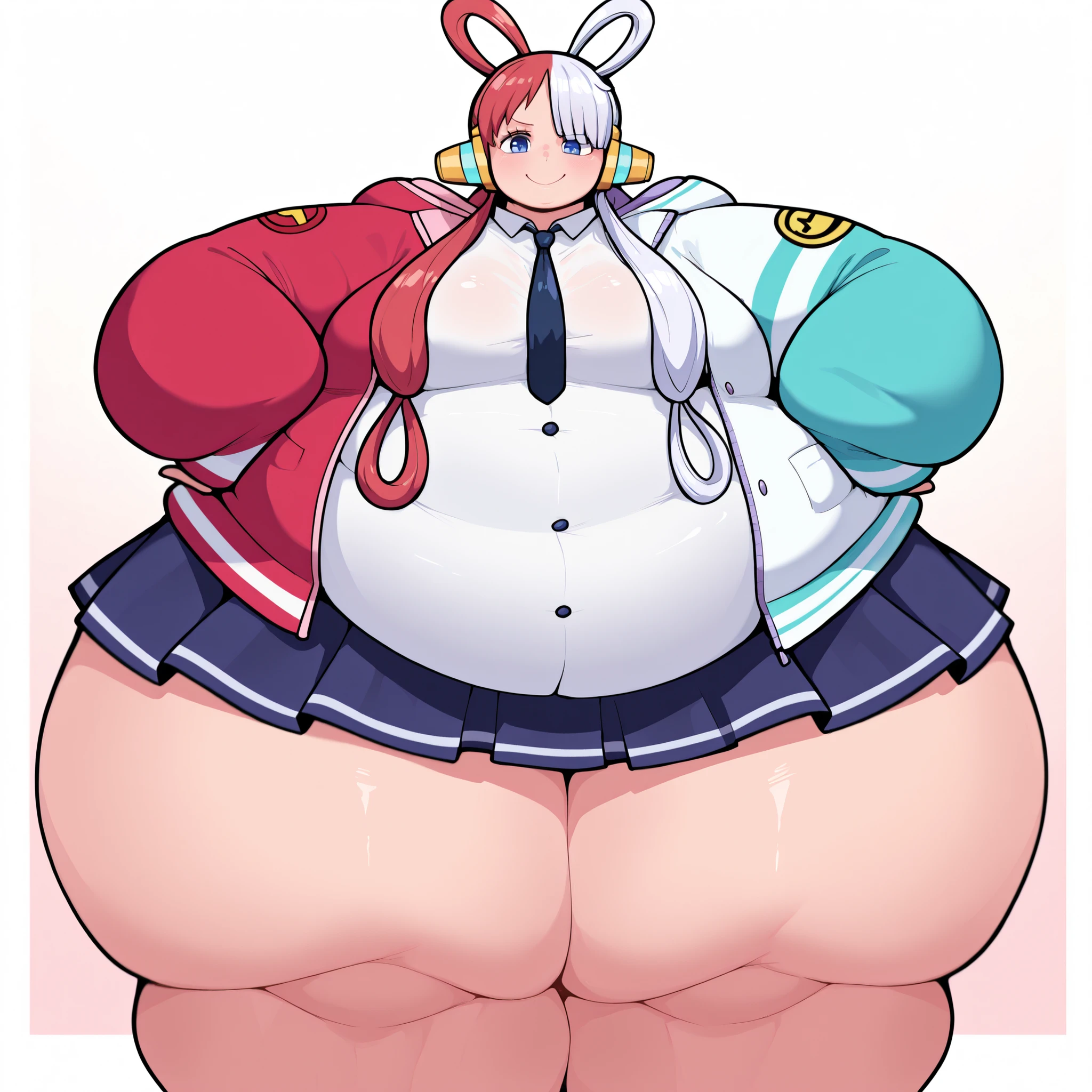 Illustration of a ((Handsome))Anime fat Femboy with a big belly , fat man, extremely face face, ((Dark skin:1.5)), (morbidly obese),(( insanely inflated hips)),((fat thighs)), ((fat butt )),( big stomach), (proportionally fat arms and legs), (huge breasts), ((bottom heavy)) ,background ( bedroom ), expression ( seduce, eyelids lowered, smile)(anime boy )), (((Tan skin))), ((long,white hair with pink streaks )),(( hair Styled into a Bun and braided ponytail )) , ((white half jacket)) ((Skimpy white shorts)) , ,(evil aura)),((solo)) anime artstyle, anime art style, unknown artstyle, aura, accurate, 2 d anime style, , high quality anime artstyle, yandere((masterpiece, High aesthetic, high quality))