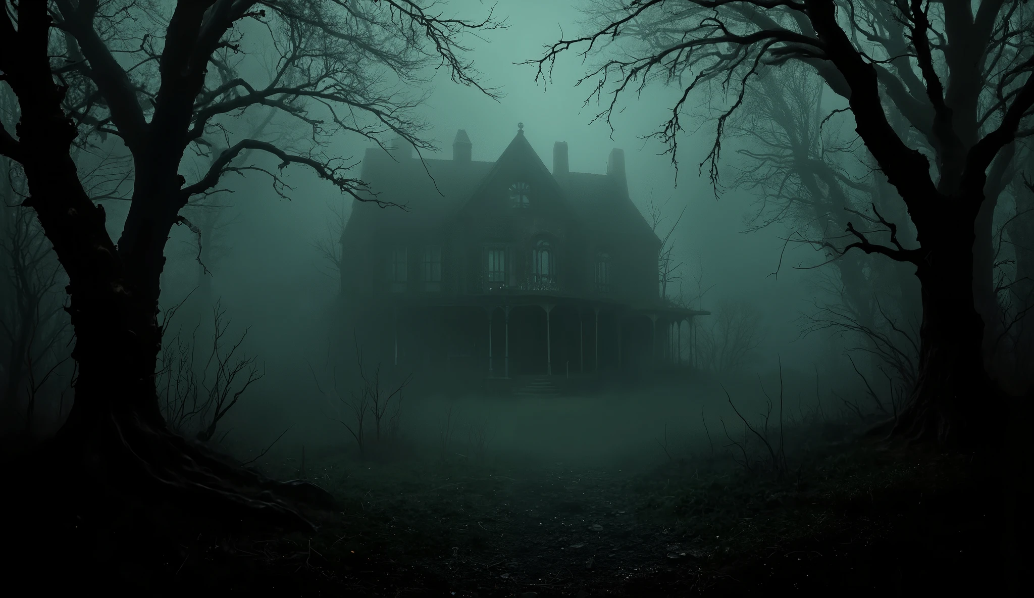 Twisted trees, dark woods, haunted mansion, creepy, surreal, high detail, masterpiece.