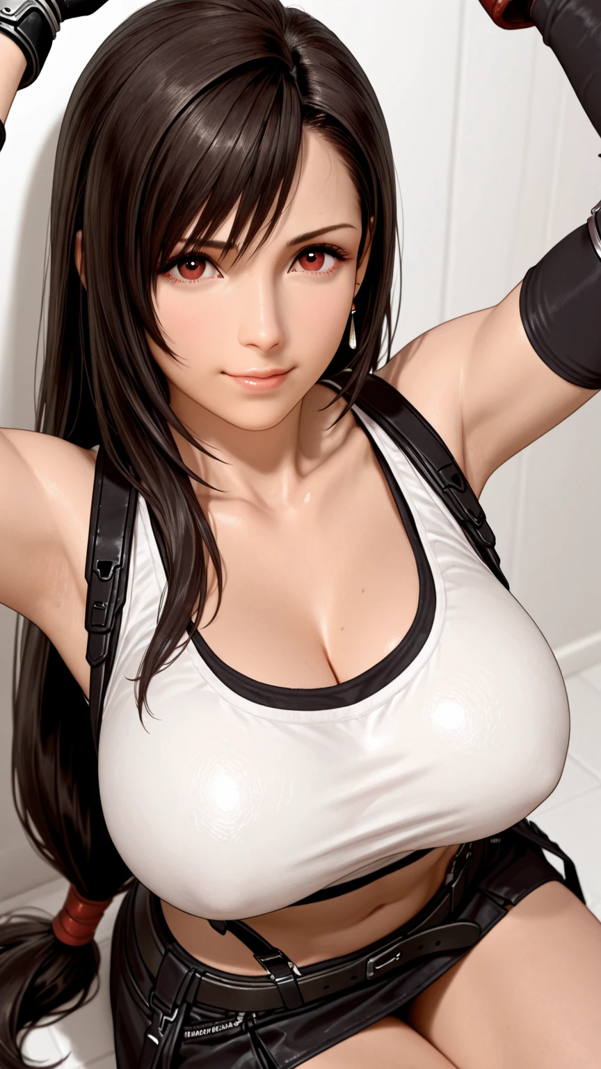 Tifa Lockheart, white crop top, short black skirt, large breasts, skindentation, cleavage, lifted skirt, black thong
