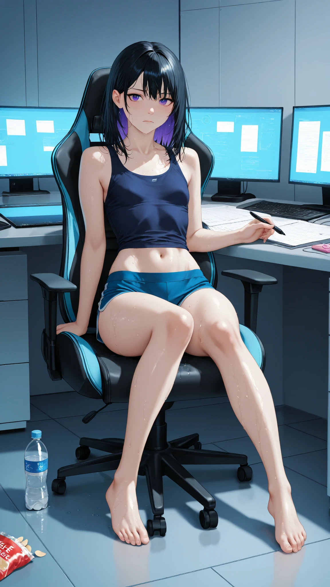 (summer gymnastics suit + navy blue + young men), (round hairstyle: 1.1), (energetic and youthful), (leaning back in the chair), (game enthusiast rating: 1.2), staring intently at the computer.
