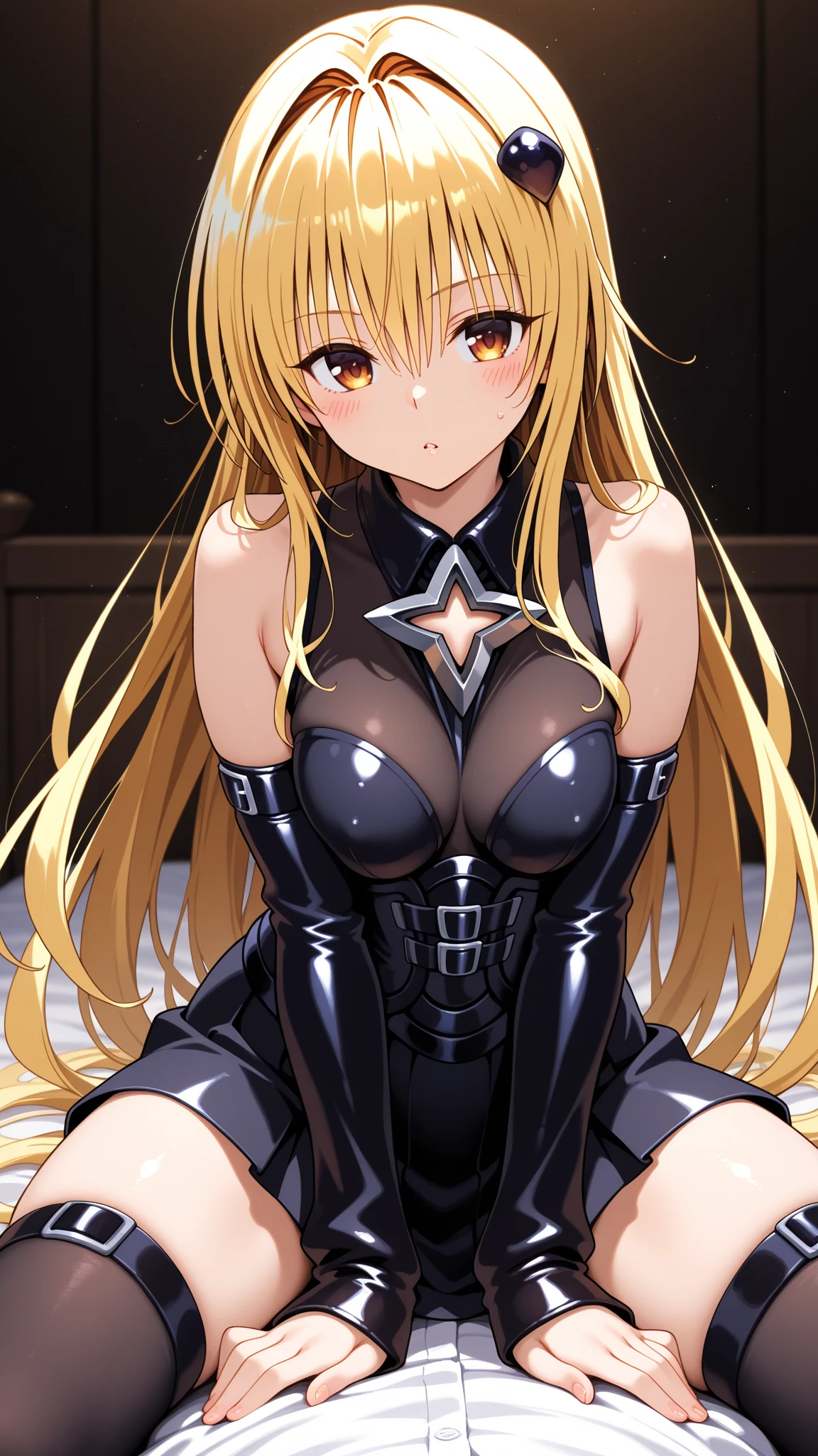 ((Highest quality)), ((masterpiece)), (detailed), (Perfect Face)、The woman is a beautiful, attractive adult female, Tiare, with green eyes, blonde medium-long hair, an evil magical girl who has fallen into evil, wearing a black, provocative dress suit.、Operating in the shadows in the night city