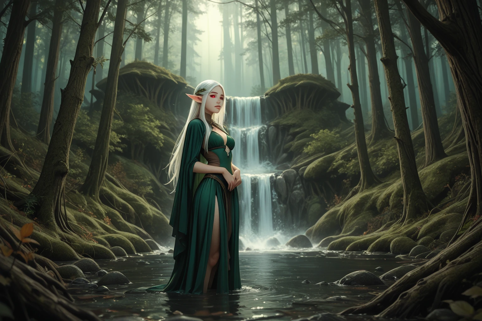 (masterpiece, best quality:1.2), (((oil paint))), 1girl, solo,  (masterpiece, ultra quality, high resolution, 8k, intricate: 1.2). female elf, looking at viewer, flowizng cloths and silver amor, the silent forested, mysterious, fantasy art, Donato Giancola, craig mullins, parth, masterful strokes legendary