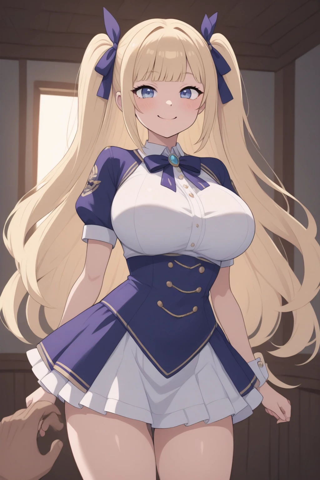 ((highest quality)), ((masterpiece)), (get used to it), woman、blonde、blonde、blue eyes、perfect face、Maid clothes、cow print bikini、very long chest、big breasts、slouch、looking at camera、Hands on the chest、sensual long breasts、angle from below、light from below、blue hyacinth、white hyacinth、Moody Hotel、mini skirt、Fishnet tights、garter belt、smile