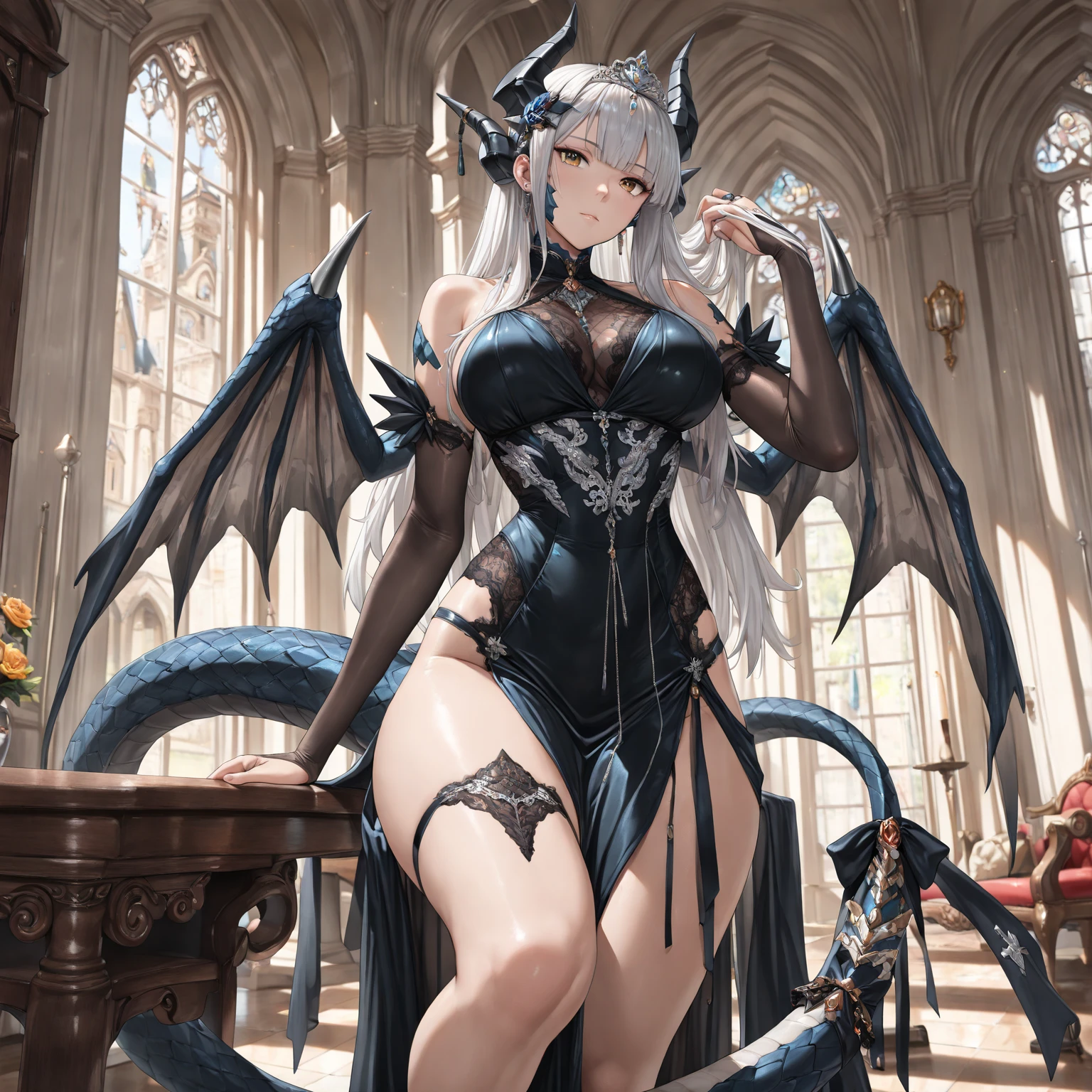 ((best quality)), ((highly detailed)), masterpiece, (detailed eyes, deep eyes), (1girl), full body, <lora:aiomonstergirls_loraLocon:.1>, dragon girl, <lora:Dra9onScaleAI:.8>, Dr490nSc4leAI woman, scales, dragon horns, dragon tail, dragon wings, armored boots, outside, in a medieval castle