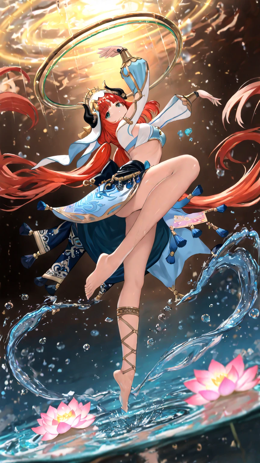 masterpiece, high quality, ultra-detailed, Nilou, genshin impact style, (floating in mid-air:1.3), zero gravity dance pose, suspended animation, (multiple floating water orbs:1.2), red hair weightlessly flowing upward, golden headdress with floating ribbons, green eyes with magical glow, ,  bare feet pointed elegantly, (concentric rings of floating water droplets:1.4), (water spheres orbiting around her body:1.2), levitating dance pose, arms gracefully extended, (suspended water lotus patterns:1.3), hydro element particles, crystalline water bubbles, teal energy wisps, (antigravity effects:1.2), floating fabric pieces, ethereal mist, water strings connecting droplets, magical energy threads, dynamic lighting from below, glowing teal aura, golden light particles, suspended water crystals, floating jewelry, weightless motion blur, aerial dance pose, serene expression, atmospheric fog effects, depth of field, light rays piercing through water, (shot from upper angle:1.2), transparent water reflections