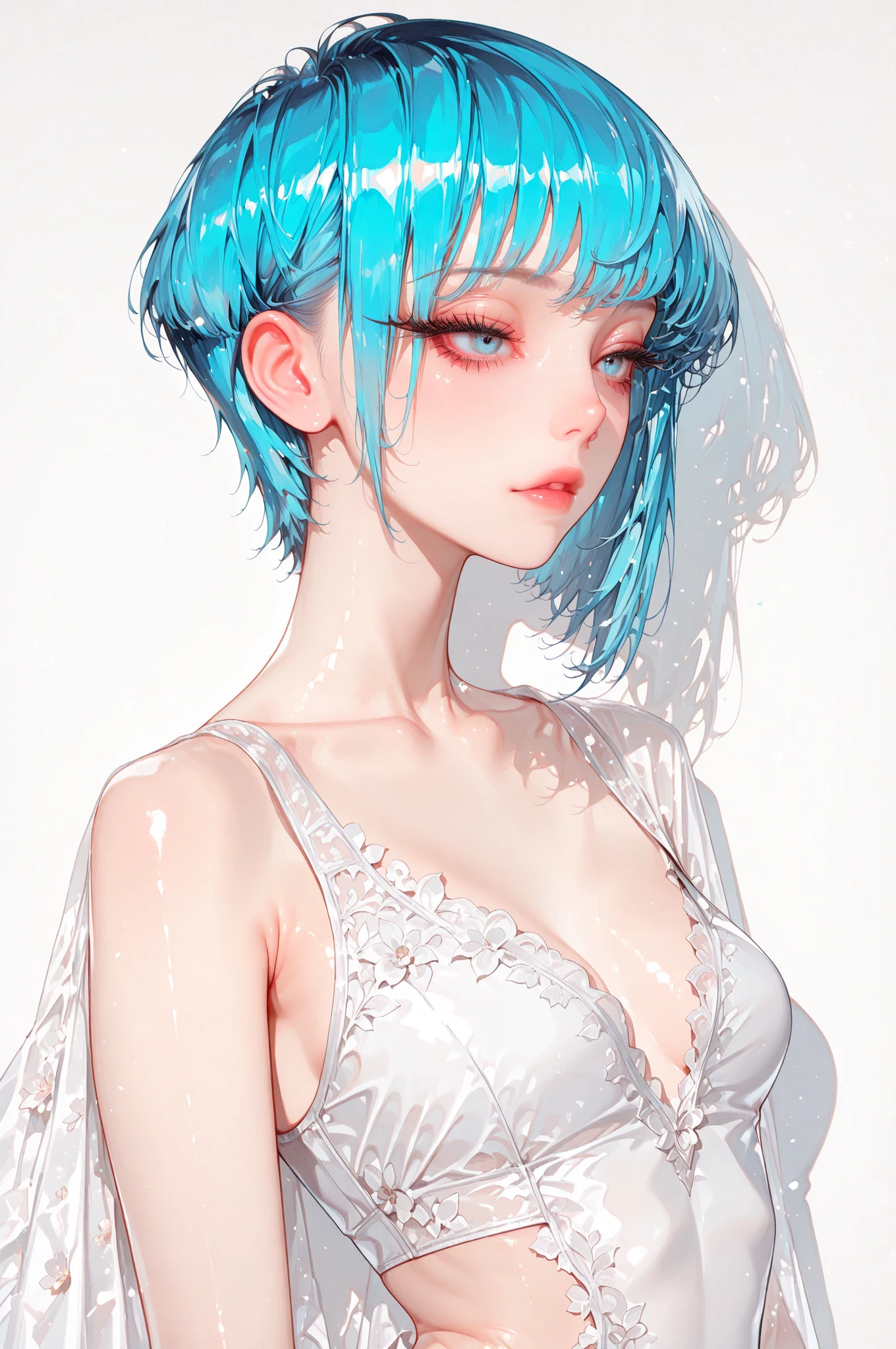 score_9, score_8_up, score_7_up,  wl0p4rt,wlopArtStyle,wlop Art Style,1girl, solo, , looking at viewer, short hair, bangs, blue eyes, ,  shoulders, , blue hair, swimsuit, upper body, white hair, , parted lips, mole, lips, makeup, black , blue background, science fiction, android, joints, cyborg, robot joints, cyberpunk, mechanical parts,