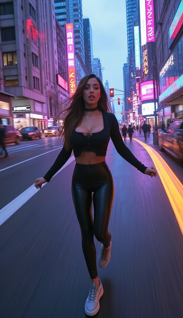 8k, realista, Cyberpunk, Escuro, Noite, green neon light city background, busty girl, long black hoodie green trim, red light streaks