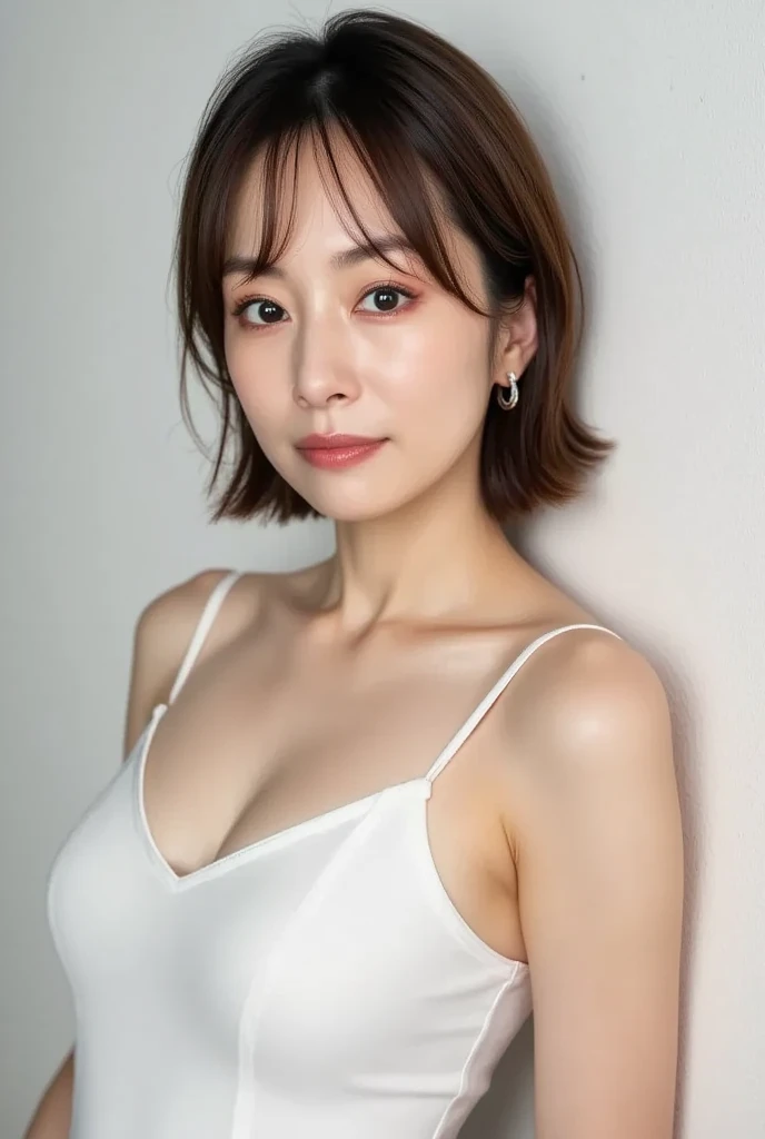 ((Best Quality, 8k, Masterpiece, Portrait: 1.3)), (looking at viewer),Photorealistic, Sharp Focus, 1 Beautiful Japanese Milf, ((wearing only camisole, only stained pantie)), Clothes with Cleavage View, 30 Years Old, Wavy Hair, ((Open your legs wide:1.5, Sit one knee up:1.5, show crotch)), (loose waist:0.5), darkness room, (open mouth:0.7),