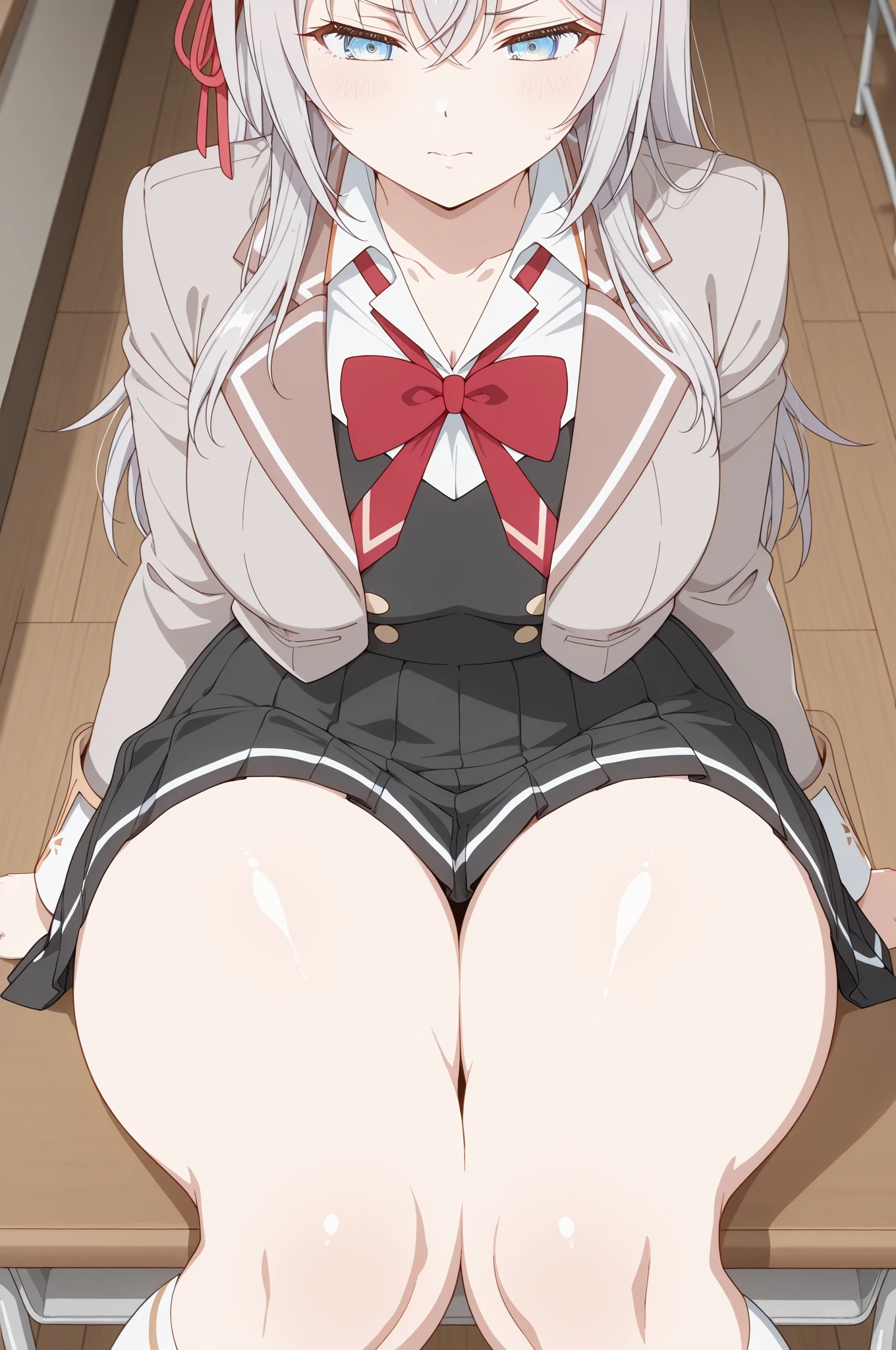 One Girl, Five Fingers, mini skirt, Looking down at the viewer, Black Hairロングヘアー, Highest quality, Focus on the thighs, Dynamic pose, smile, blazer, blouse, barefoot, Standing Split, classroom, Black Hair, Stylish pose,My thighs and groin are steamy 、Luxurious pure white panties