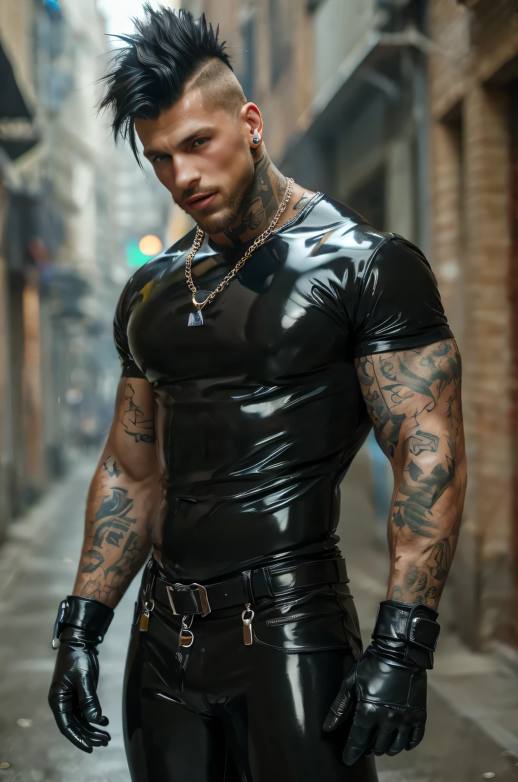 Fullbody standing picture of white skin Handsome muscular nude sexy gay boy wearing skinny ripped shiny tights, shiny black Disconnected Pompadour oiled hair style, goatee, blue eyes, shiny varnished vinyl vans, red lip, chain, tattoos, horny, cum shot, sperm, milking penis, very big muscular penis, very big testicle, bow tie, smile, shiny oiled skin, oversexed, standing at street.